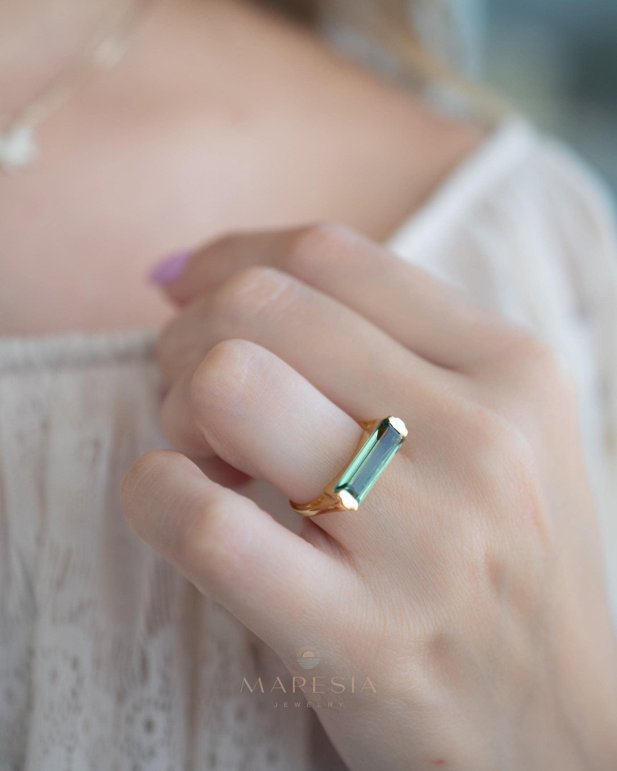 Green Amethyst Hydro Ring ~ Rectangular Stone ~ 18k Gold Plated ~ Jewelry ~ Handmade ~ Boho ~ MR343