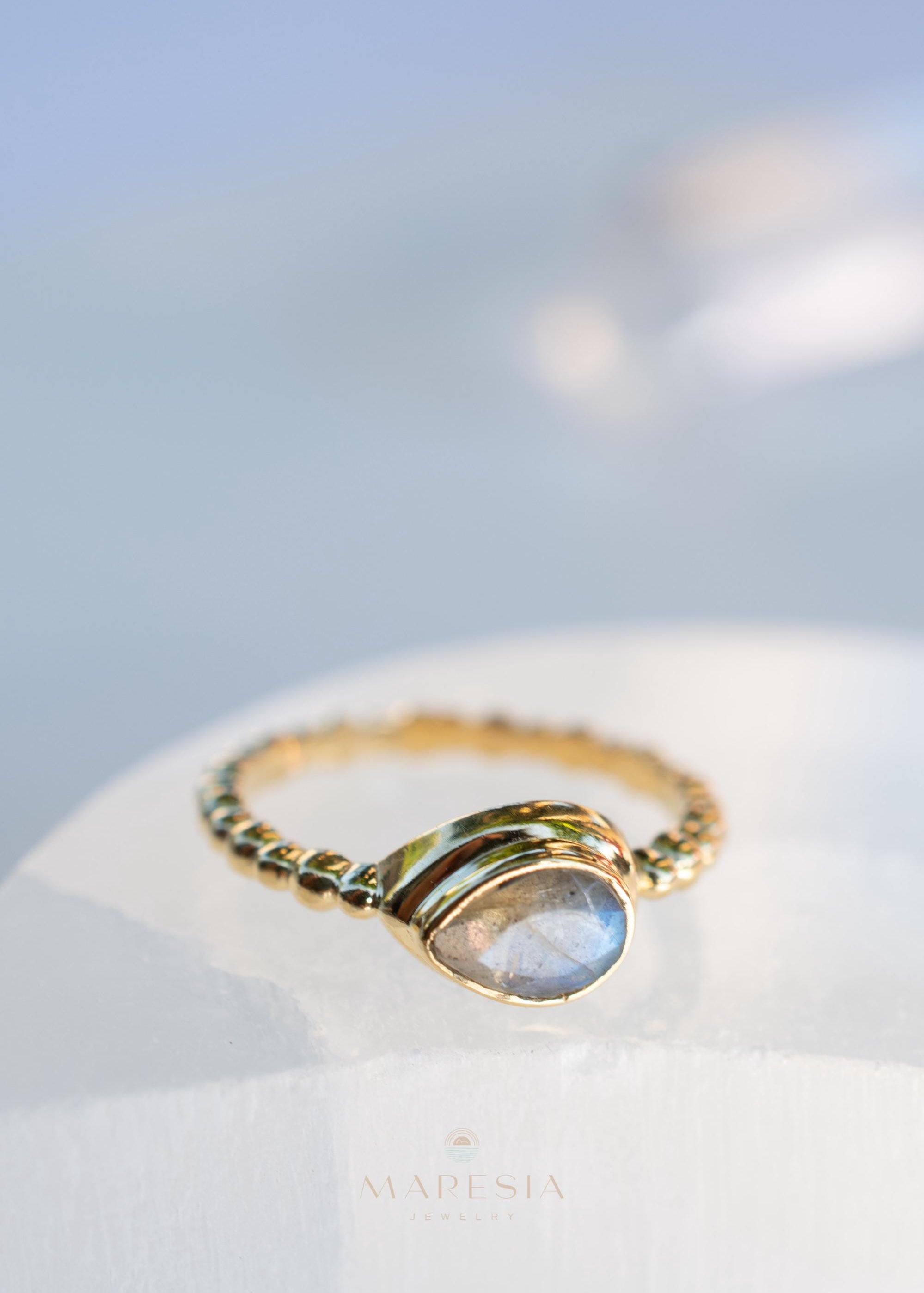 Rainbow Labradorite Tear Drop Ring ~ Gemstone ~ Natural ~ 18k Gold Plated over Sterling Silver ~Jewelry ~ Handmade~February Birthstone MR353
