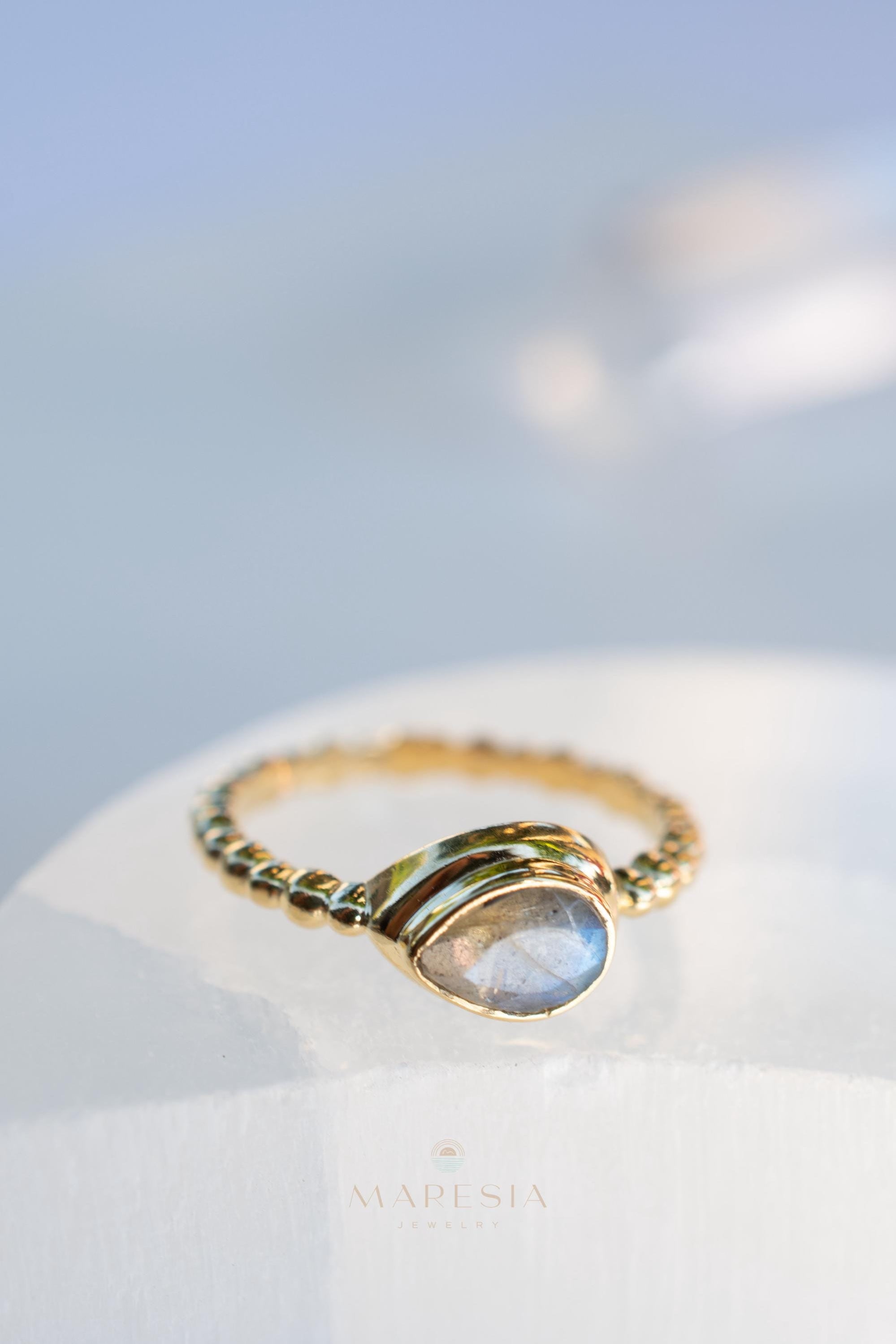 Rainbow Labradorite Tear Drop Ring ~ Gemstone ~ Natural ~ 18k Gold Plated over Sterling Silver ~Jewelry ~ Handmade~February Birthstone MR353