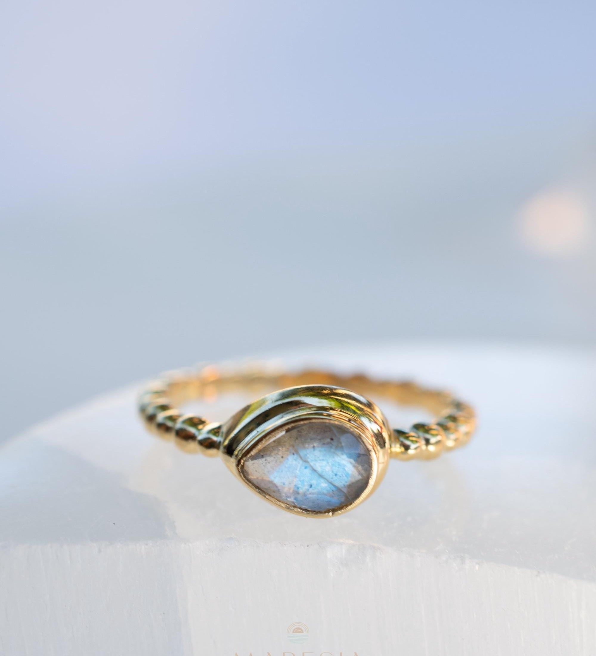 Rainbow Labradorite Tear Drop Ring ~ Gemstone ~ Natural ~ 18k Gold Plated over Sterling Silver ~Jewelry ~ Handmade~February Birthstone MR353