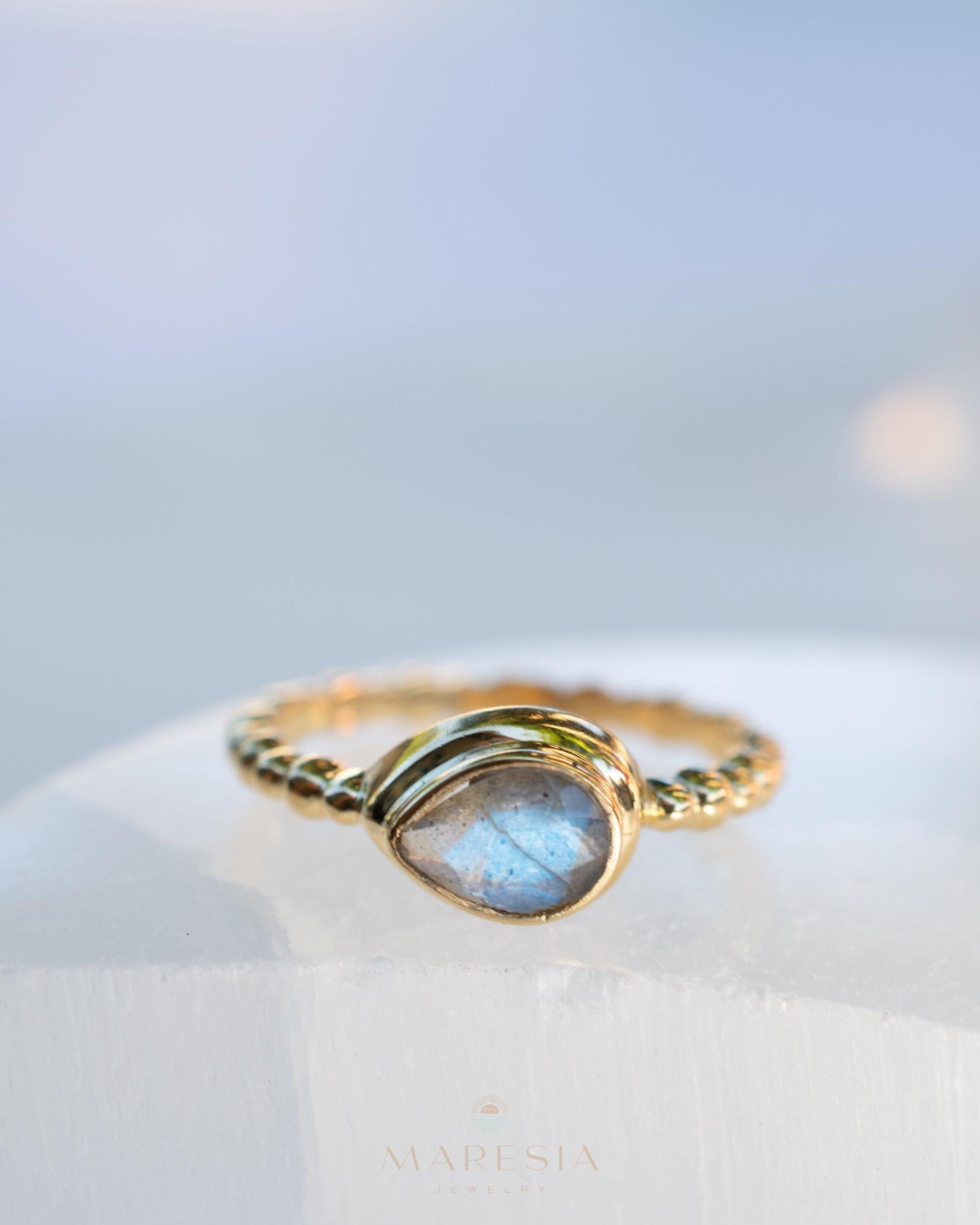 Rainbow Labradorite Tear Drop Ring ~ Gemstone ~ Natural ~ 18k Gold Plated over Sterling Silver ~Jewelry ~ Handmade~February Birthstone MR353