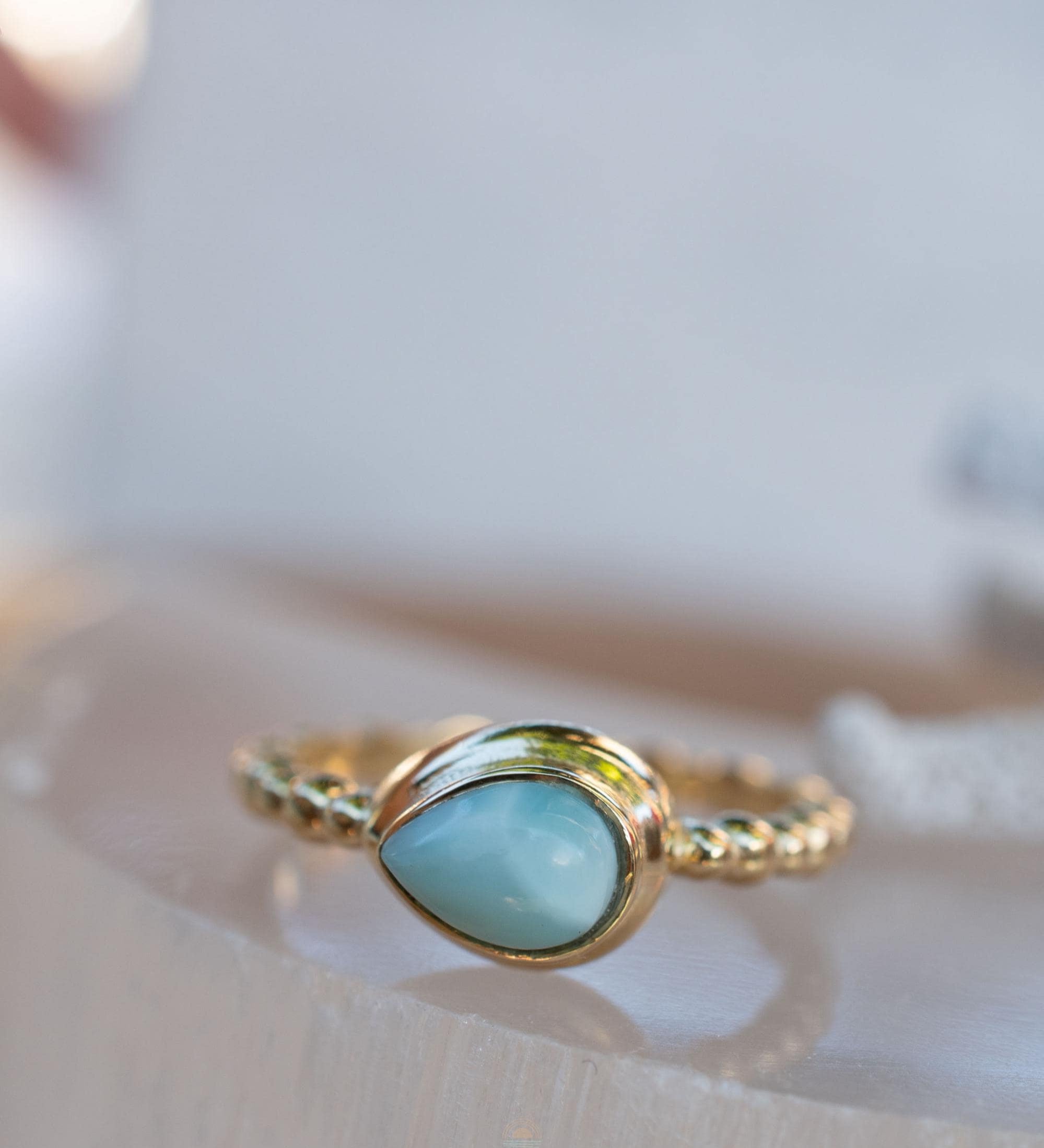 Larimar Ring ~ Statement ~ Gold Plated over Sterling Silver 925 ~ Gemstone ~ Semi Precious Stone ~ Blue ~ Natural ~ Organic~Thin Band~ MR355