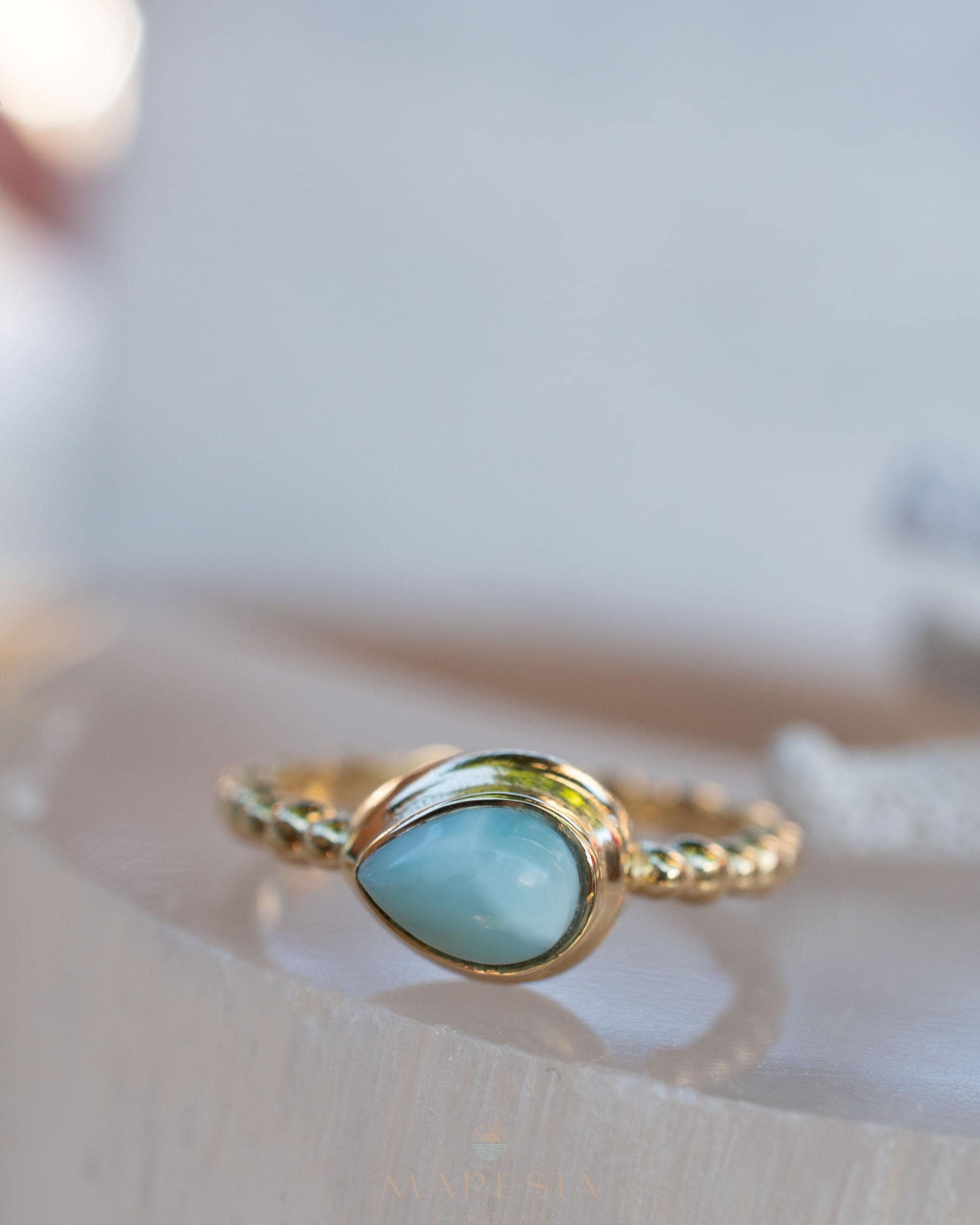 Larimar Ring ~ Statement ~ Gold Plated over Sterling Silver 925 ~ Gemstone ~ Semi Precious Stone ~ Blue ~ Natural ~ Organic~Thin Band~ MR355