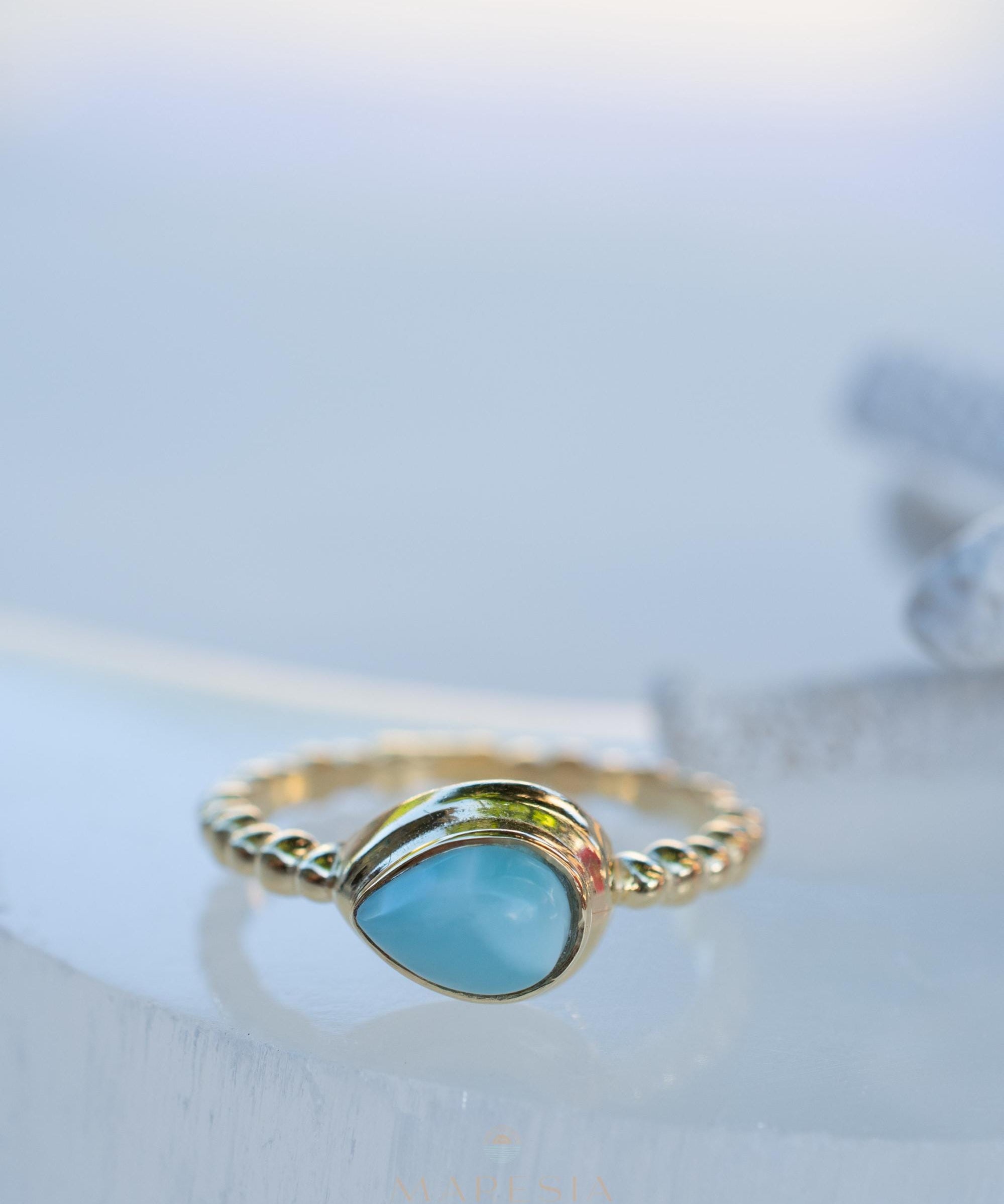 Larimar Ring ~ Statement ~ Gold Plated over Sterling Silver 925 ~ Gemstone ~ Semi Precious Stone ~ Blue ~ Natural ~ Organic~Thin Band~ MR355