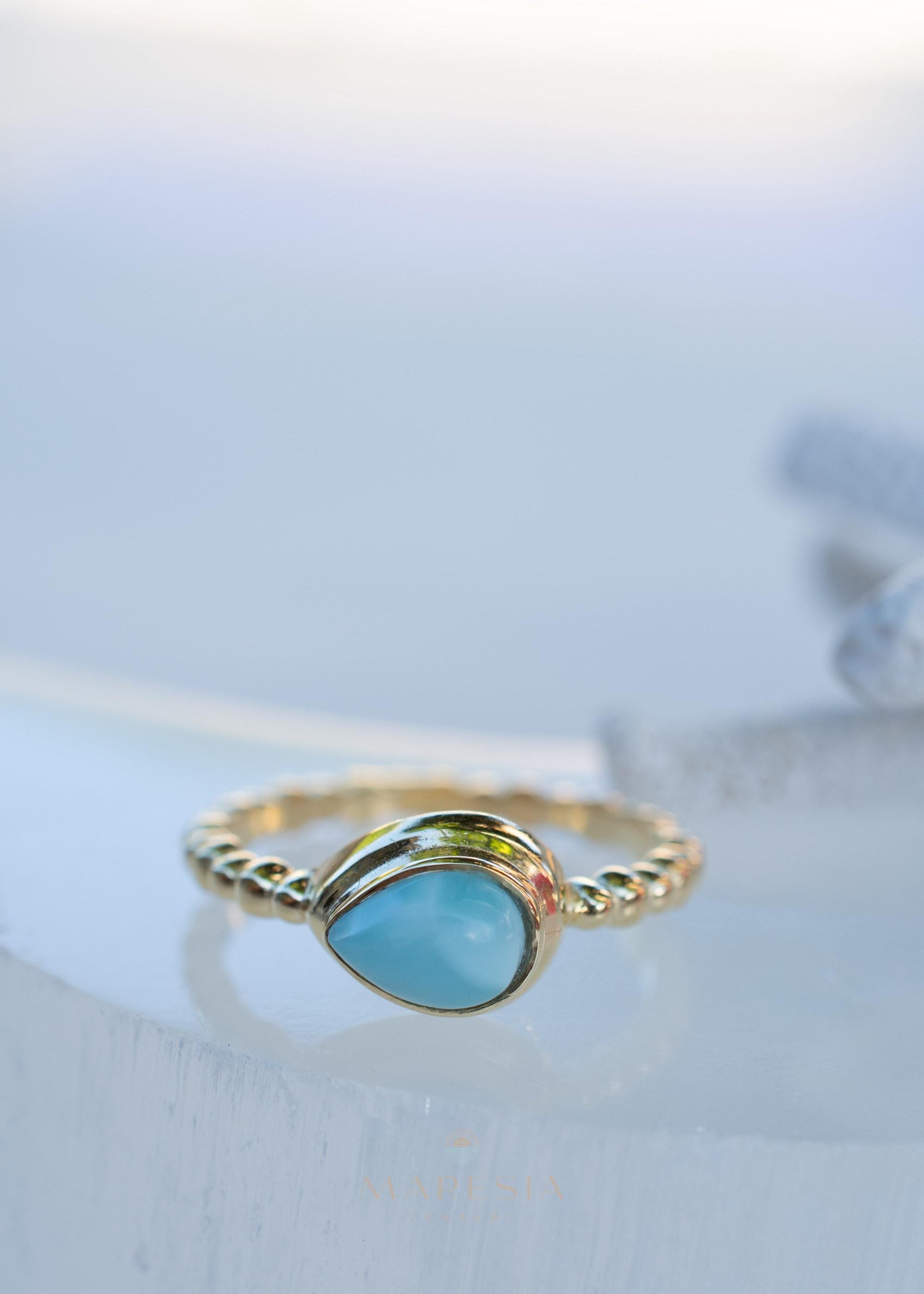 Larimar Ring ~ Statement ~ Gold Plated over Sterling Silver 925 ~ Gemstone ~ Semi Precious Stone ~ Blue ~ Natural ~ Organic~Thin Band~ MR355