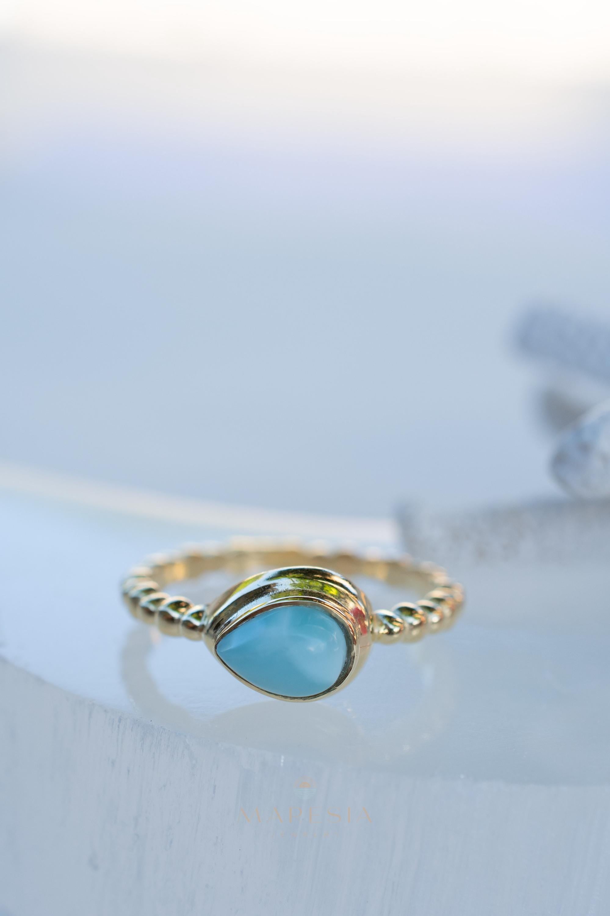 Larimar Ring ~ Statement ~ Gold Plated over Sterling Silver 925 ~ Gemstone ~ Semi Precious Stone ~ Blue ~ Natural ~ Organic~Thin Band~ MR355