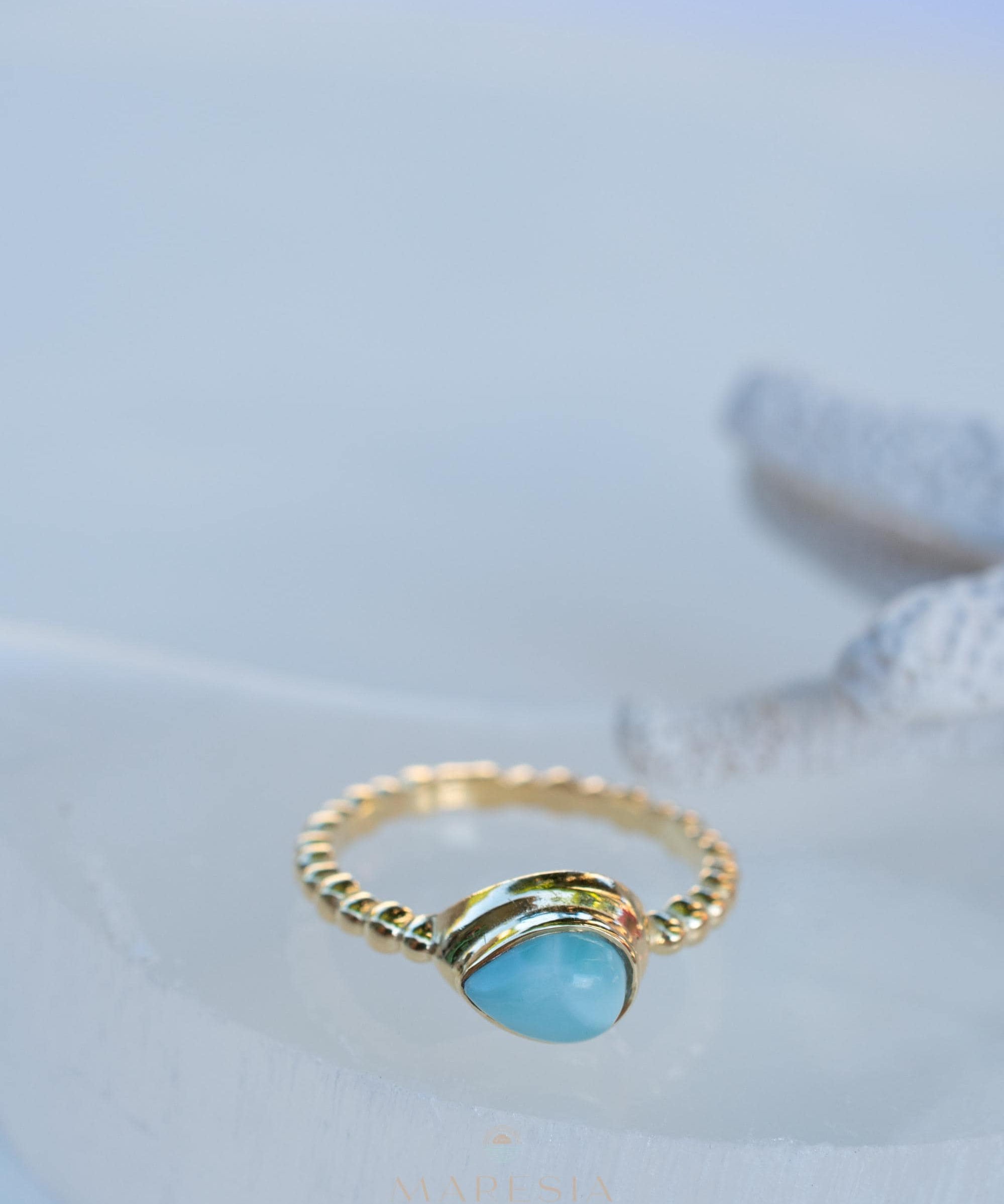 Larimar Ring ~ Statement ~ Gold Plated over Sterling Silver 925 ~ Gemstone ~ Semi Precious Stone ~ Blue ~ Natural ~ Organic~Thin Band~ MR355