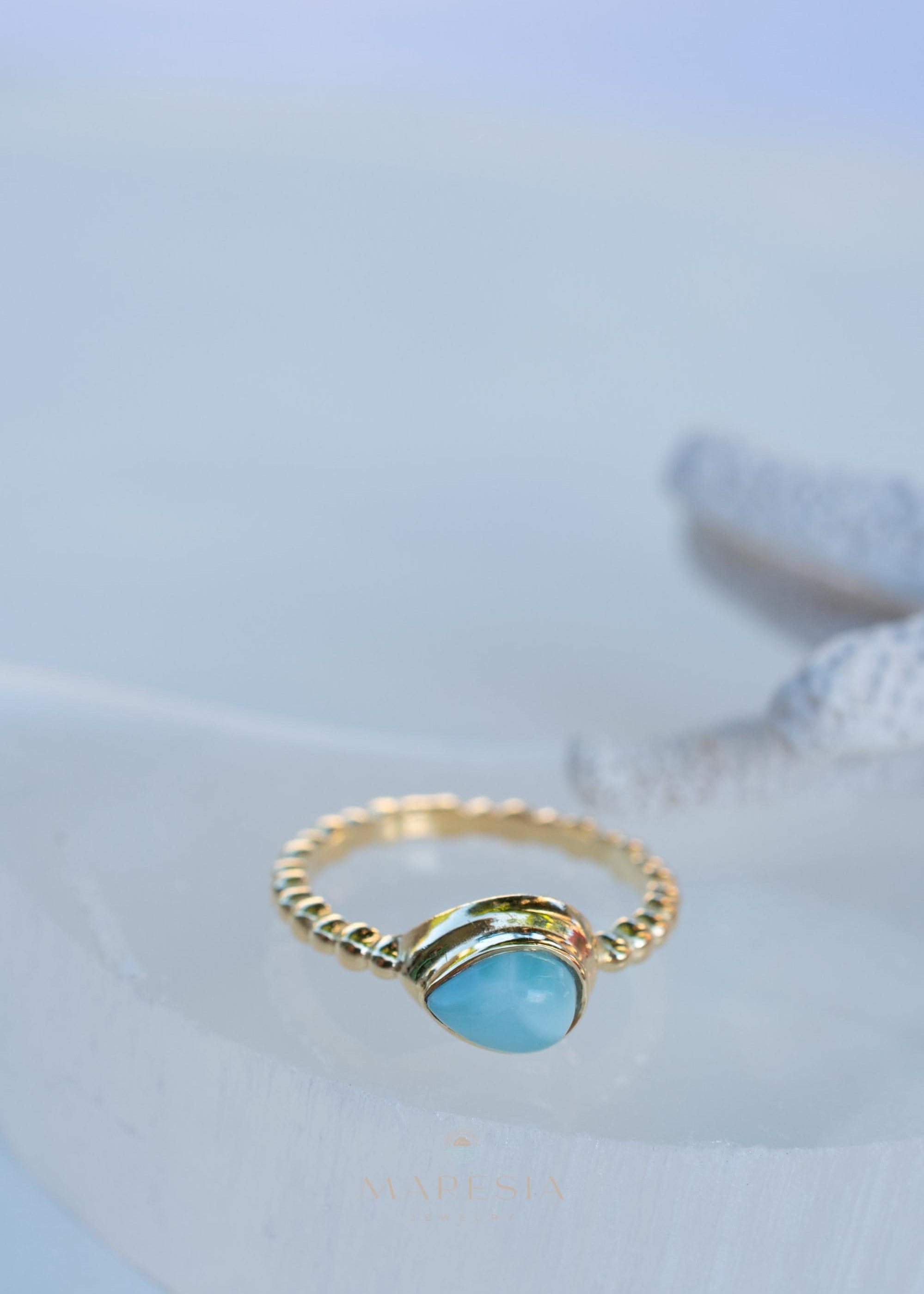 Larimar Ring ~ Statement ~ Gold Plated over Sterling Silver 925 ~ Gemstone ~ Semi Precious Stone ~ Blue ~ Natural ~ Organic~Thin Band~ MR355