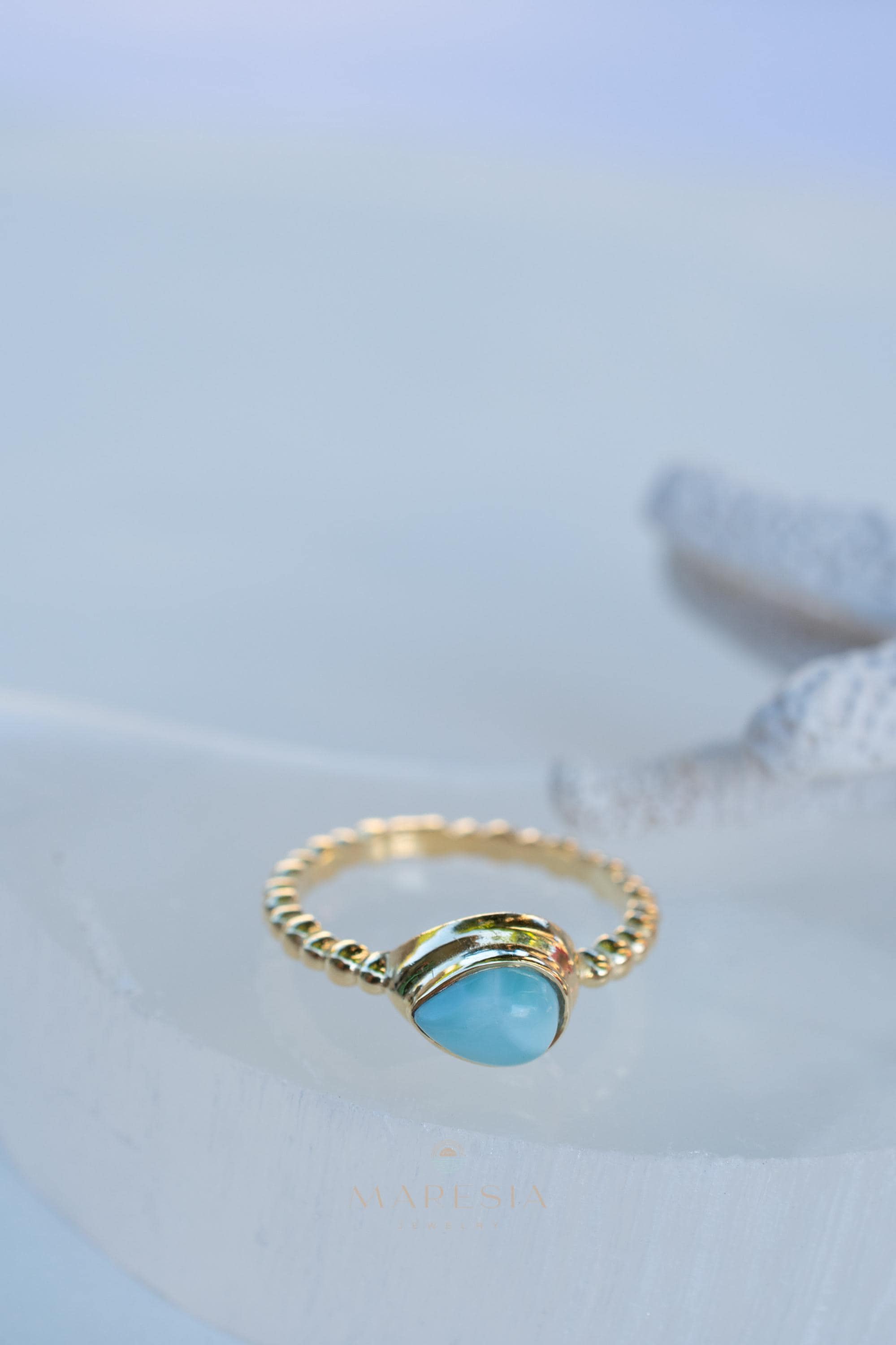 Larimar Ring ~ Statement ~ Gold Plated over Sterling Silver 925 ~ Gemstone ~ Semi Precious Stone ~ Blue ~ Natural ~ Organic~Thin Band~ MR355