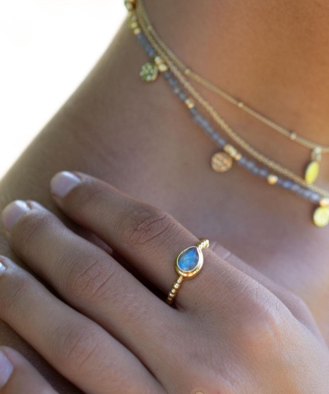 Rainbow Labradorite Tear Drop Ring ~ Gemstone ~ Natural ~ 18k Gold Plated over Sterling Silver ~Jewelry ~ Handmade~February Birthstone MR353