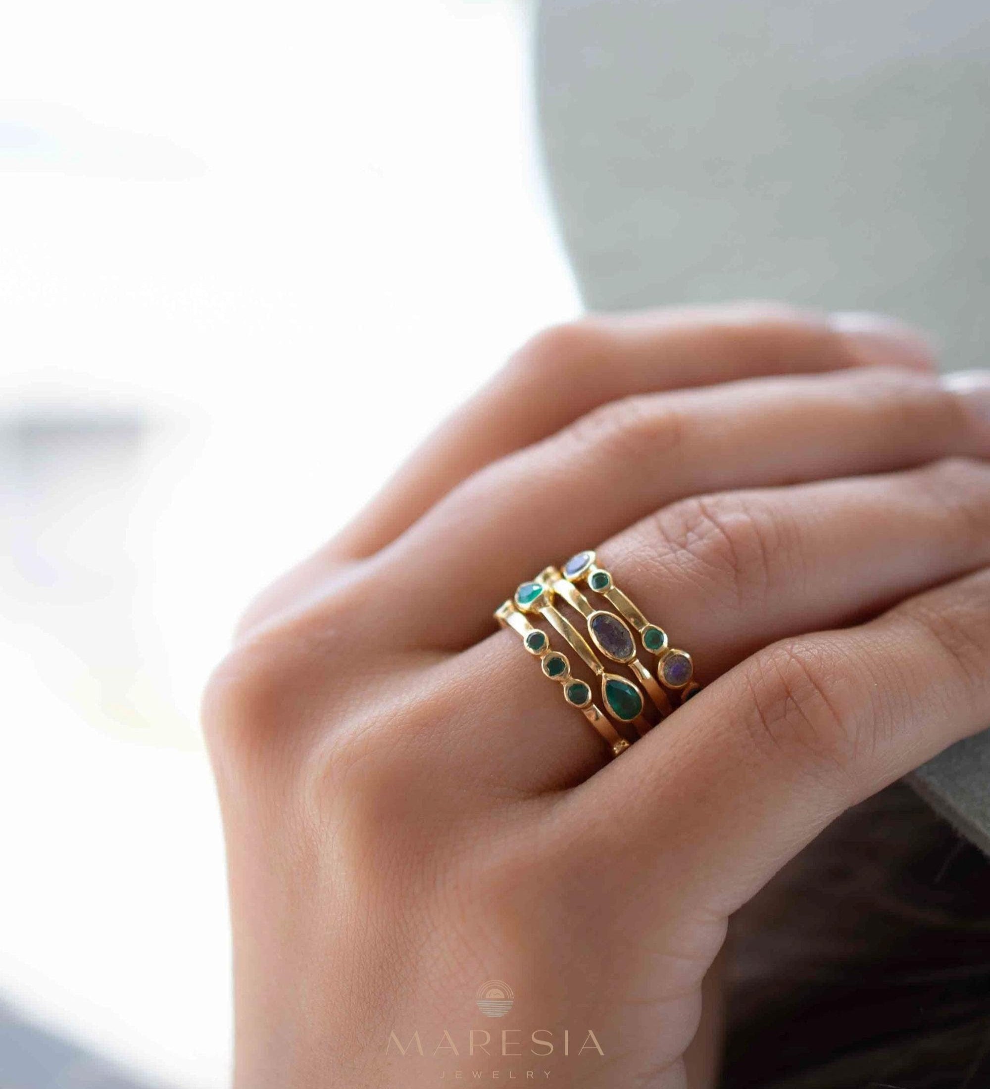 Green Onyx & Labradorite Ring~ Gemstone ~ Stackable~ Natural ~ 18k Gold Plated ~ Jewelry ~ Handmade~MR341