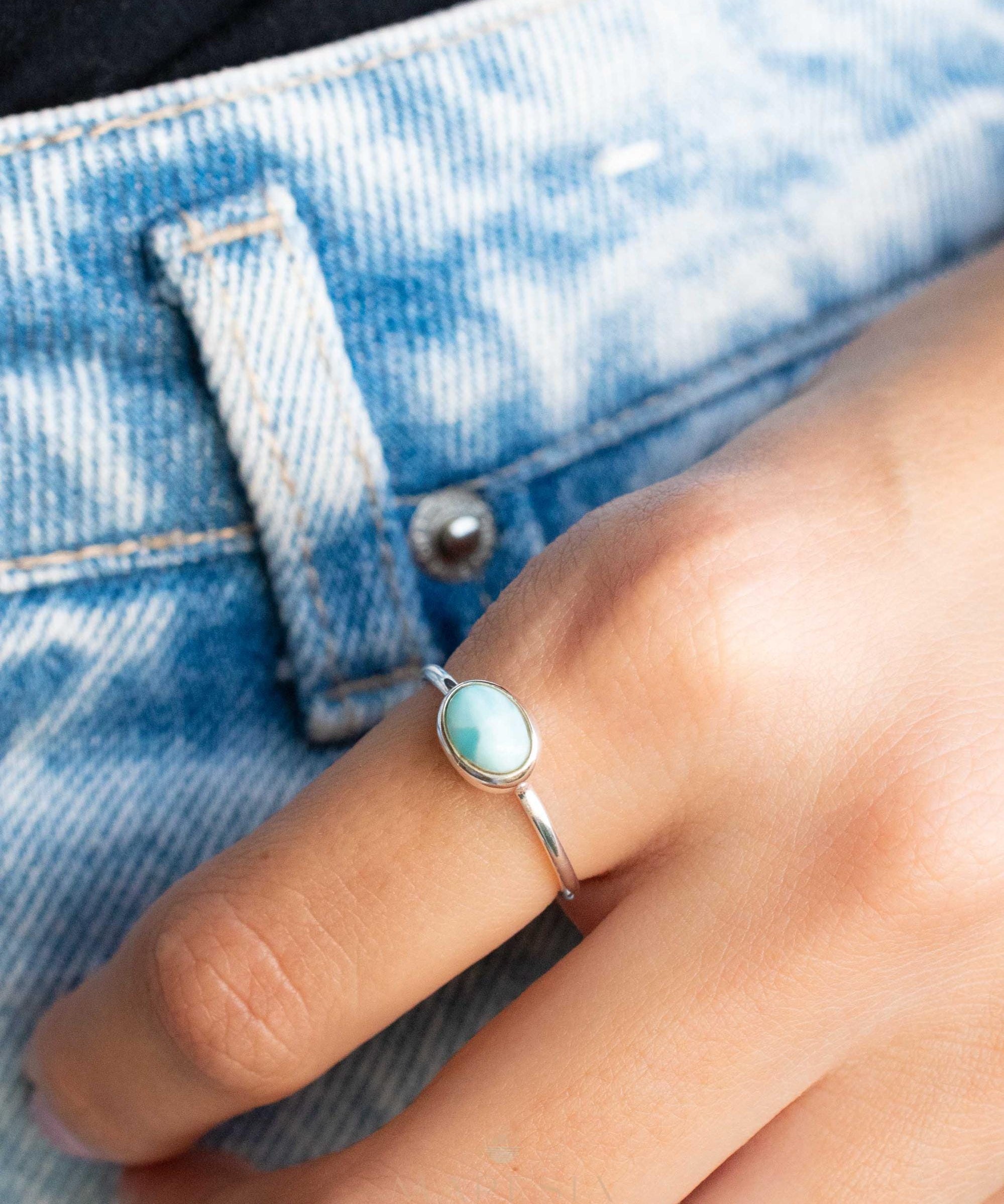 Larimar Ring ~ Statement ~ Gemstone ~ Semi Precious Stone ~ Blue ~ White ~ Natural ~ Organic ~ Sterling Silver 925~Tear Drop~Thin Band~MR350