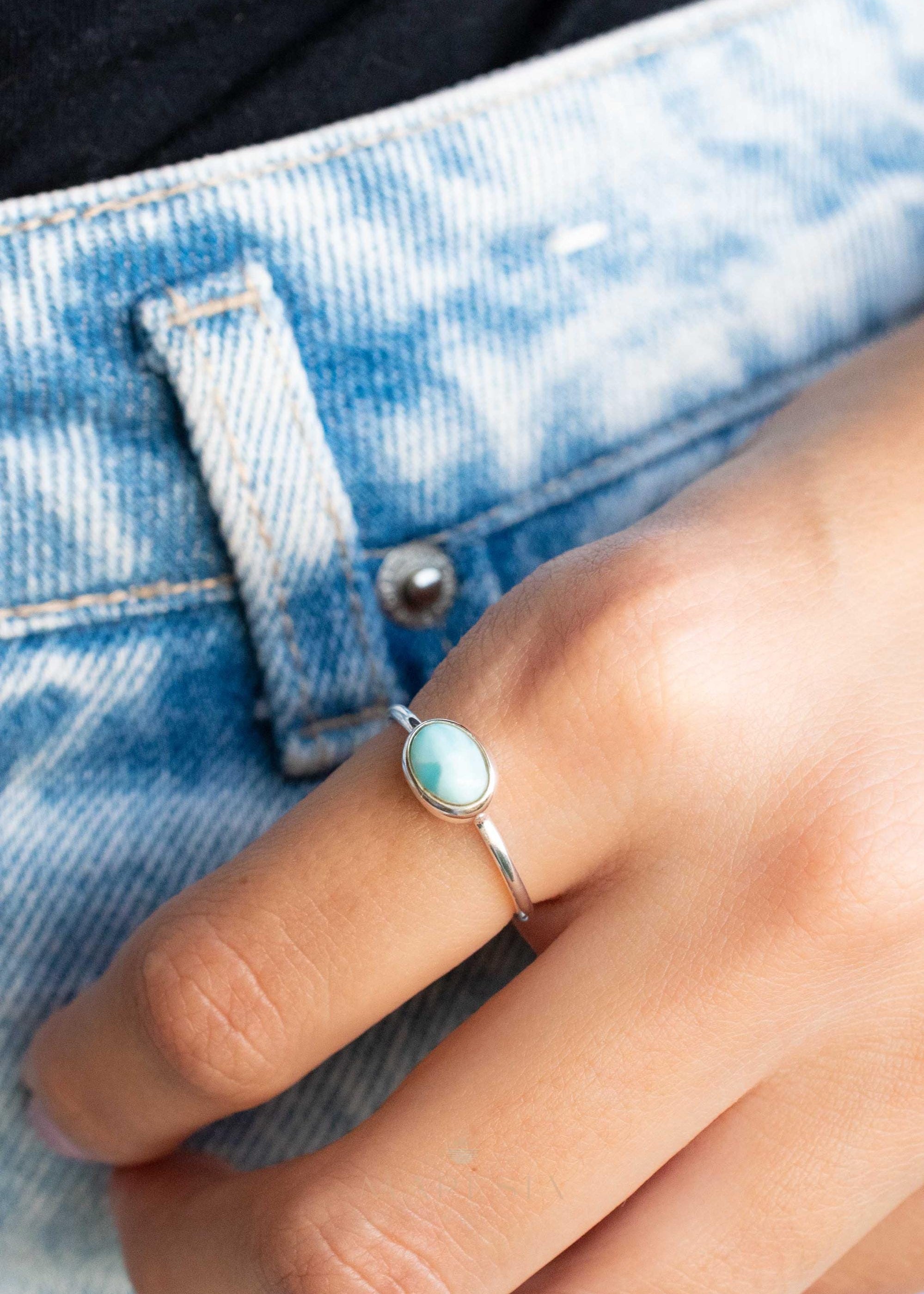 Larimar Ring ~ Statement ~ Gemstone ~ Semi Precious Stone ~ Blue ~ White ~ Natural ~ Organic ~ Sterling Silver 925~Tear Drop~Thin Band~MR350