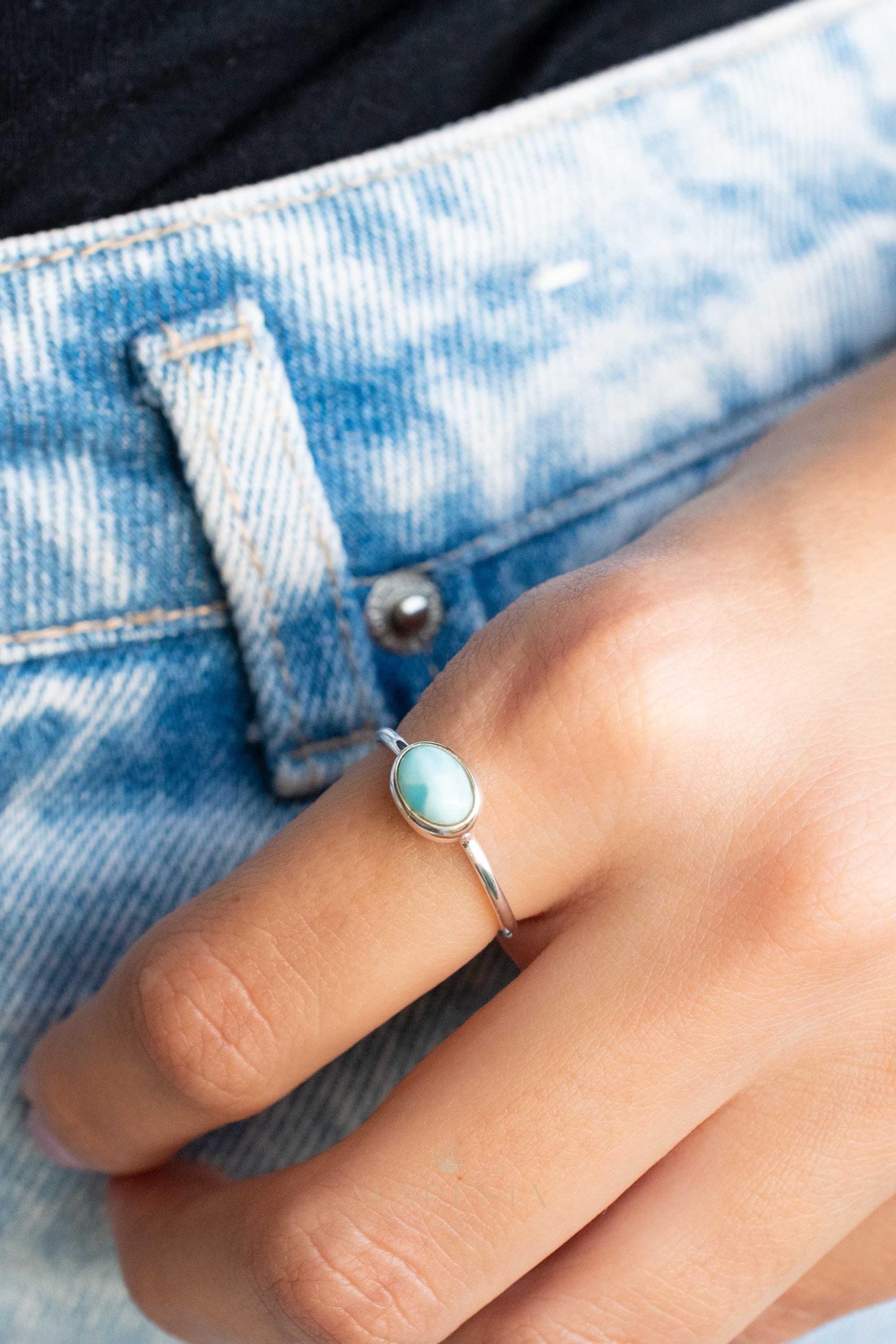 Larimar Ring ~ Statement ~ Gemstone ~ Semi Precious Stone ~ Blue ~ White ~ Natural ~ Organic ~ Sterling Silver 925~Tear Drop~Thin Band~MR350