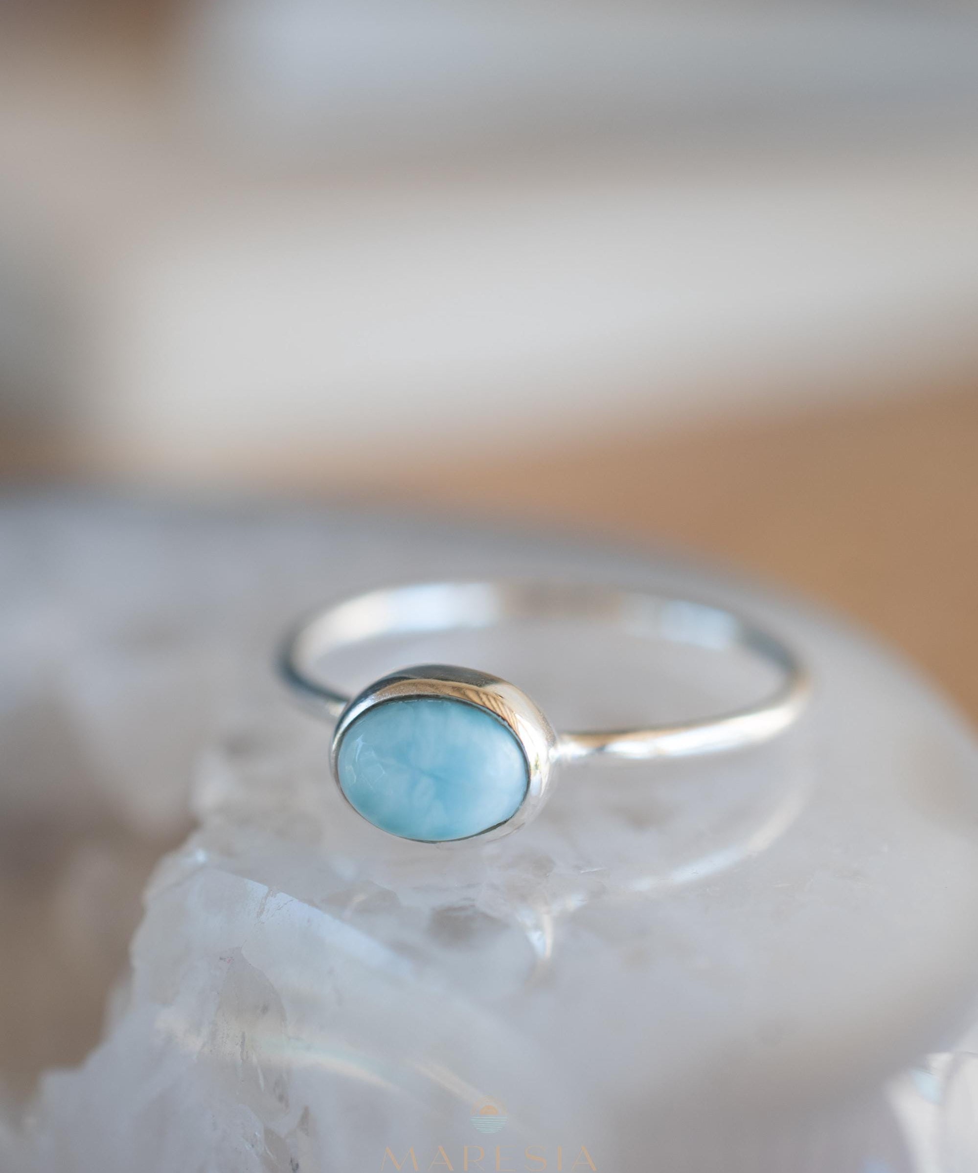 Larimar Ring ~ Statement ~ Gemstone ~ Semi Precious Stone ~ Blue ~ White ~ Natural ~ Organic ~ Sterling Silver 925~Tear Drop~Thin Band~MR350