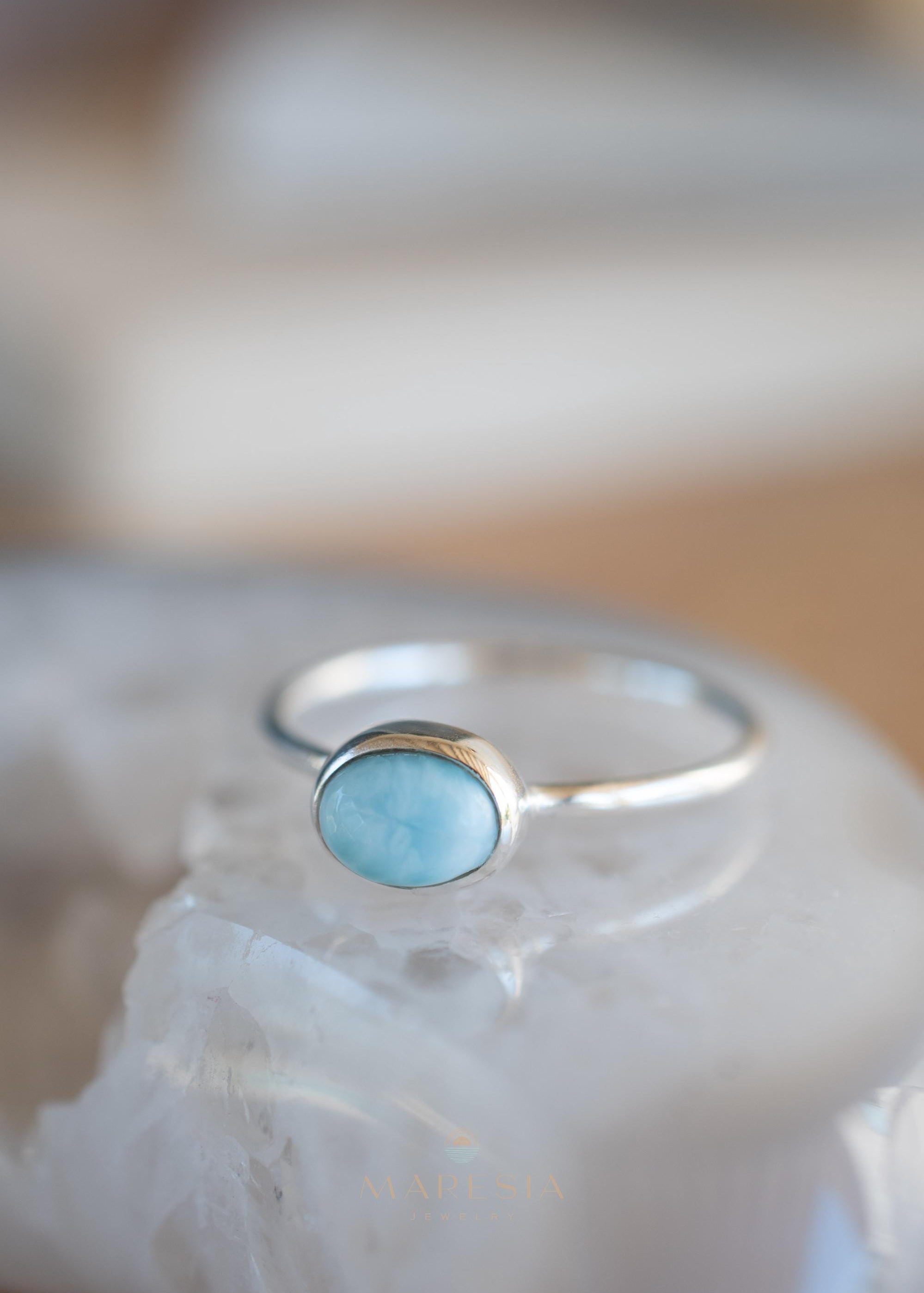 Larimar Ring ~ Statement ~ Gemstone ~ Semi Precious Stone ~ Blue ~ White ~ Natural ~ Organic ~ Sterling Silver 925~Tear Drop~Thin Band~MR350