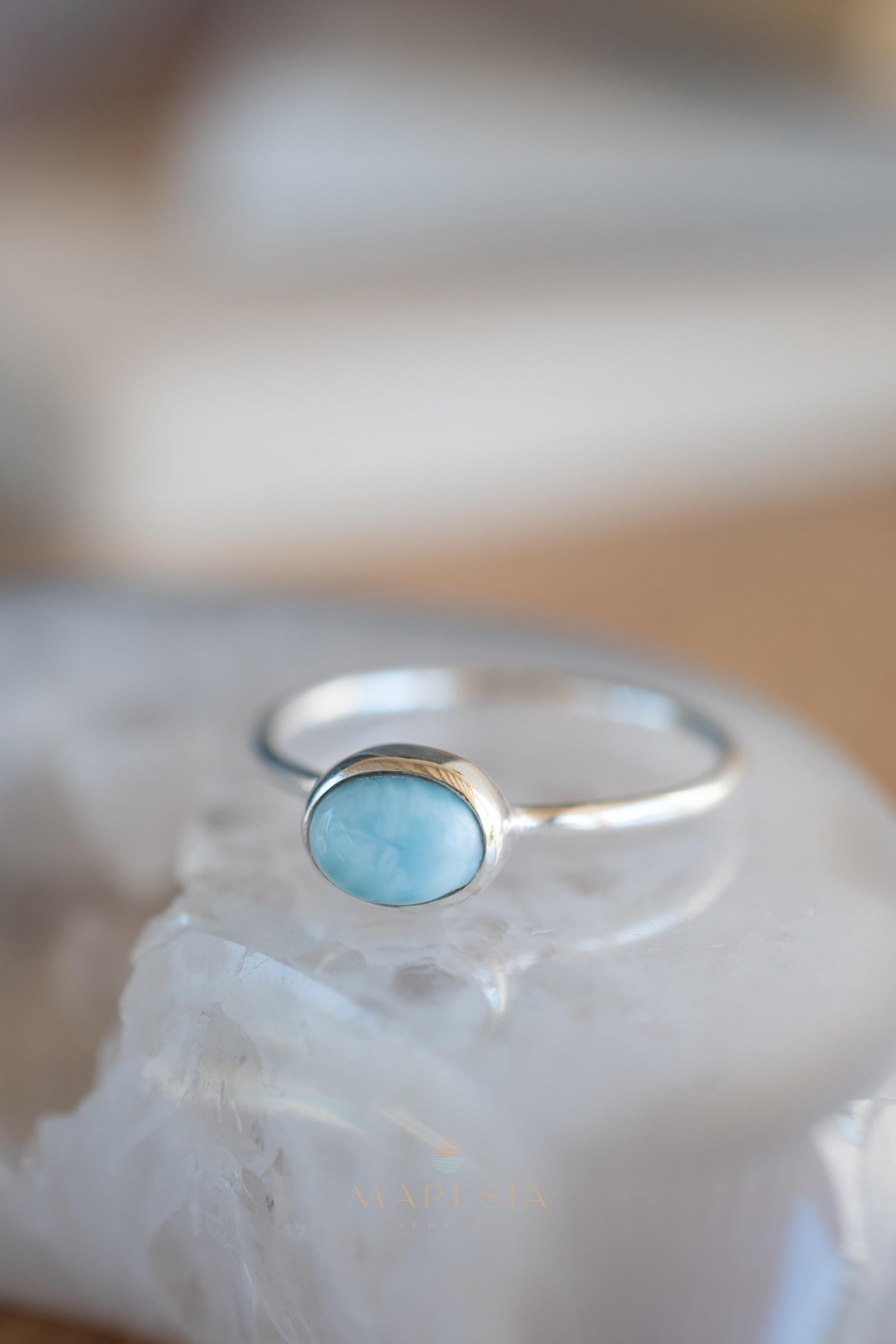 Larimar Ring ~ Statement ~ Gemstone ~ Semi Precious Stone ~ Blue ~ White ~ Natural ~ Organic ~ Sterling Silver 925~Tear Drop~Thin Band~MR350