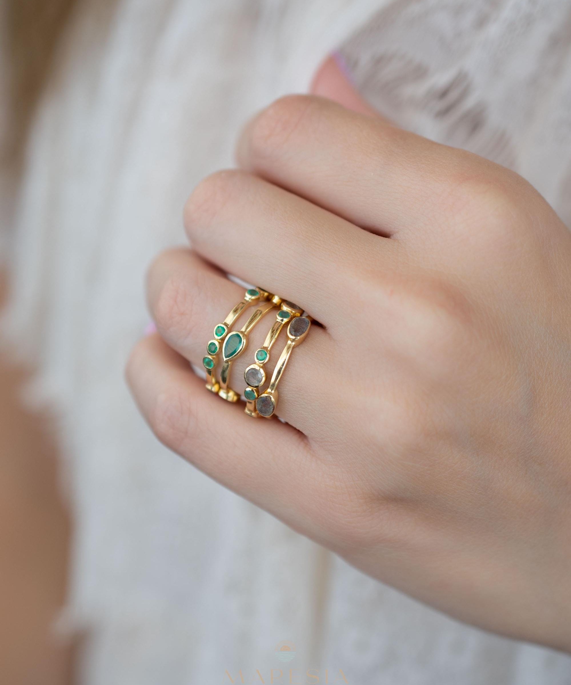Green Onyx & Labradorite Ring~ Gemstone ~ Stackable~ Natural ~ 18k Gold Plated ~ Jewelry ~ Handmade~MR341