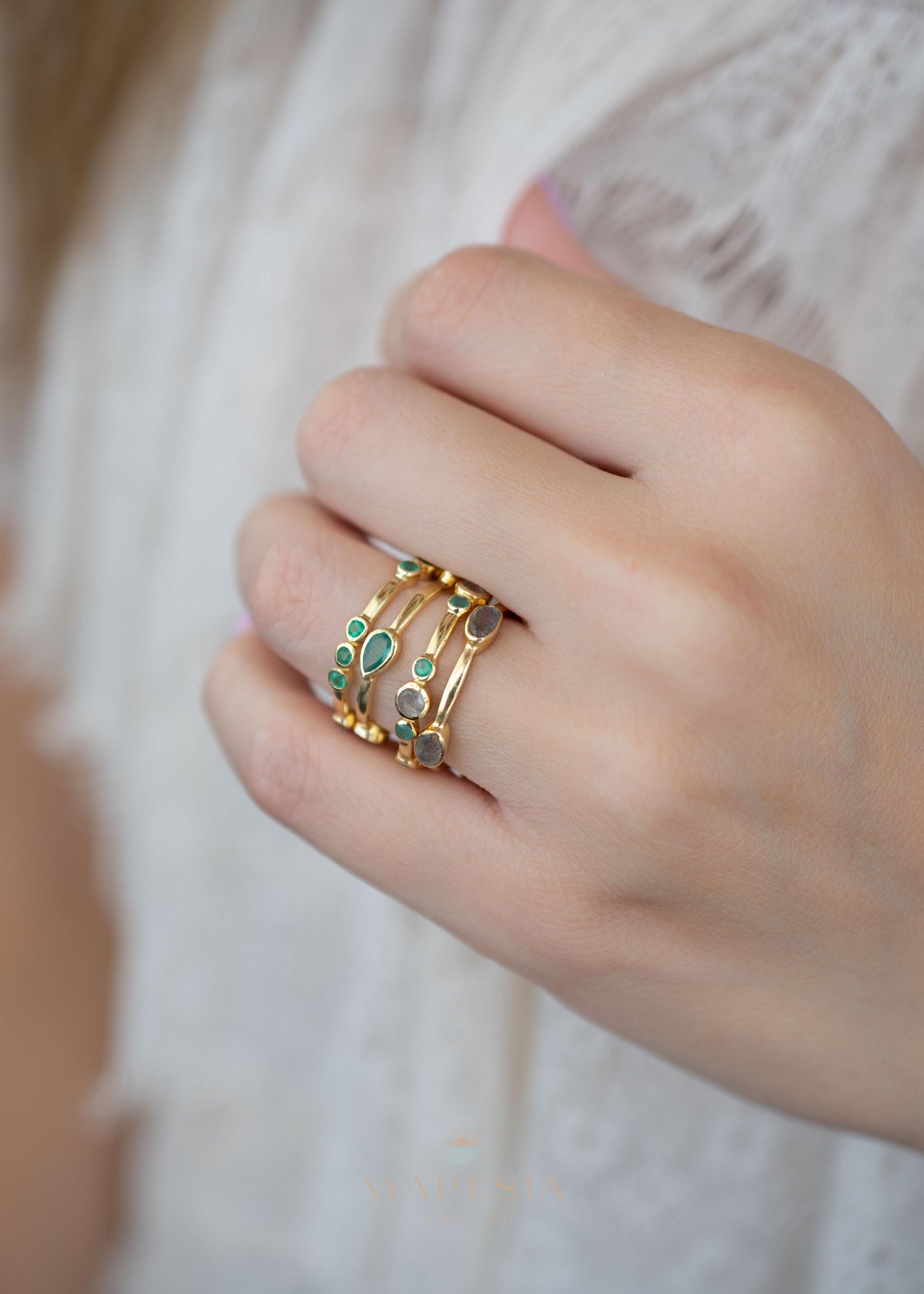 Green Onyx & Labradorite Ring~ Gemstone ~ Stackable~ Natural ~ 18k Gold Plated ~ Jewelry ~ Handmade~MR341