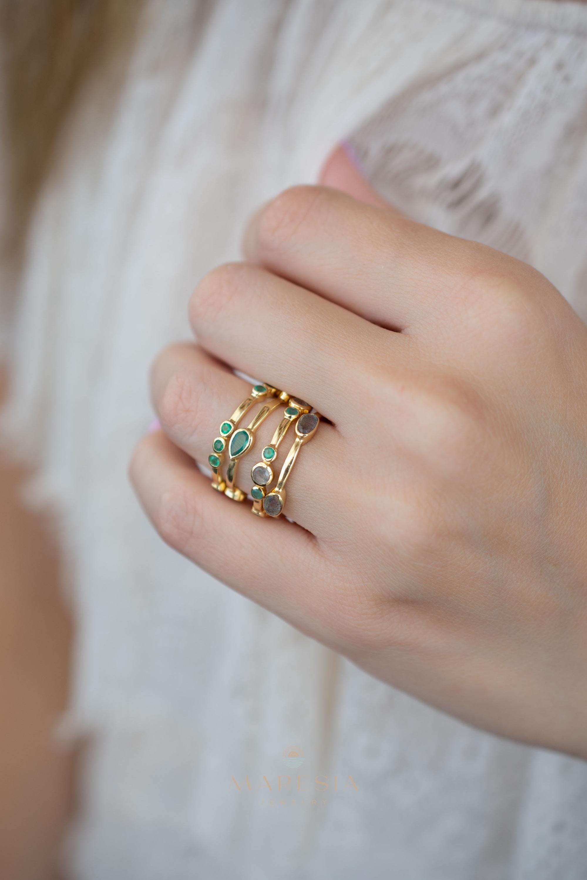 Green Onyx & Labradorite Ring~ Gemstone ~ Stackable~ Natural ~ 18k Gold Plated ~ Jewelry ~ Handmade~MR341