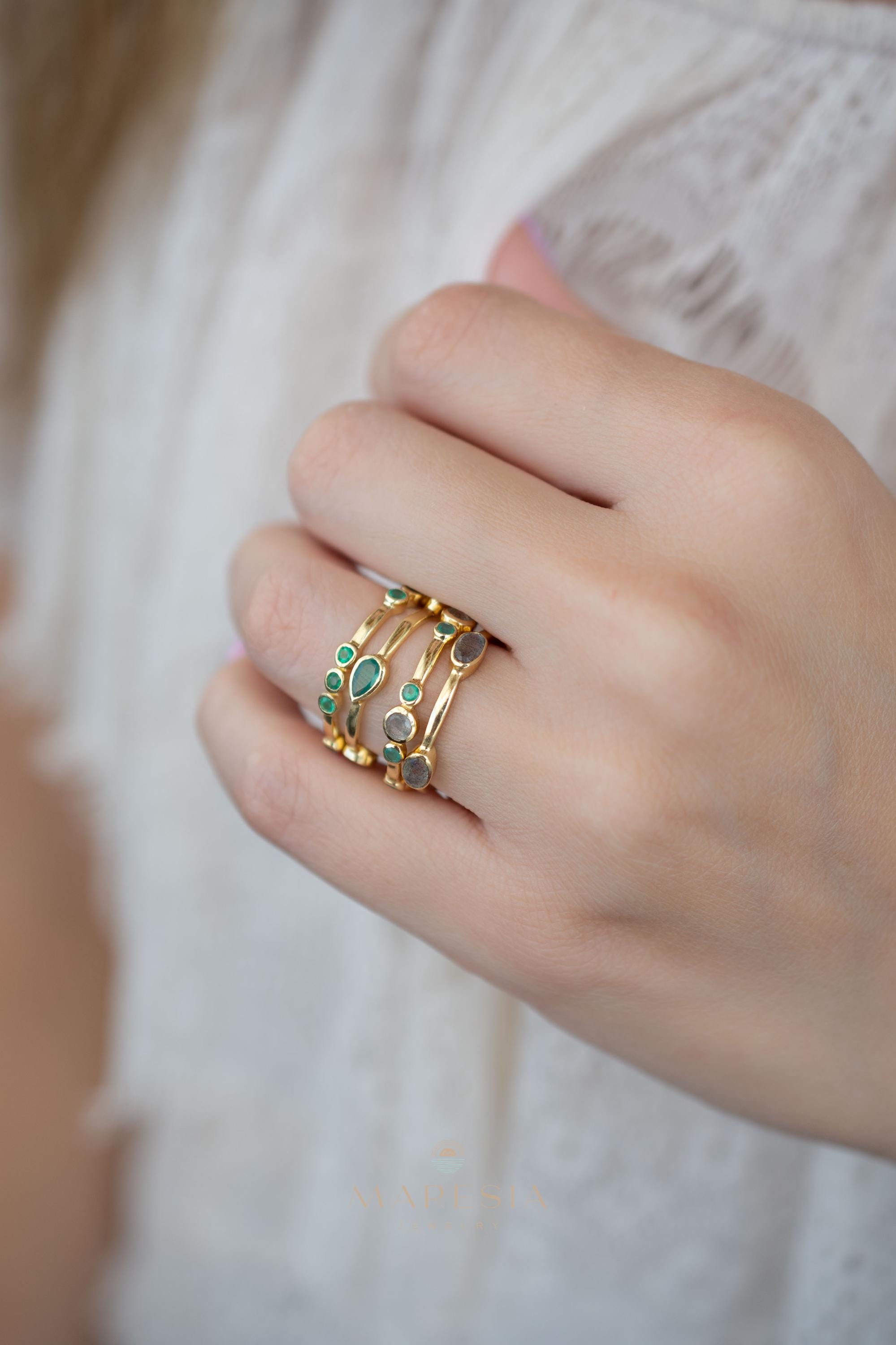 Green Onyx & Labradorite Ring~ Gemstone ~ Stackable~ Natural ~ 18k Gold Plated ~ Jewelry ~ Handmade~MR341