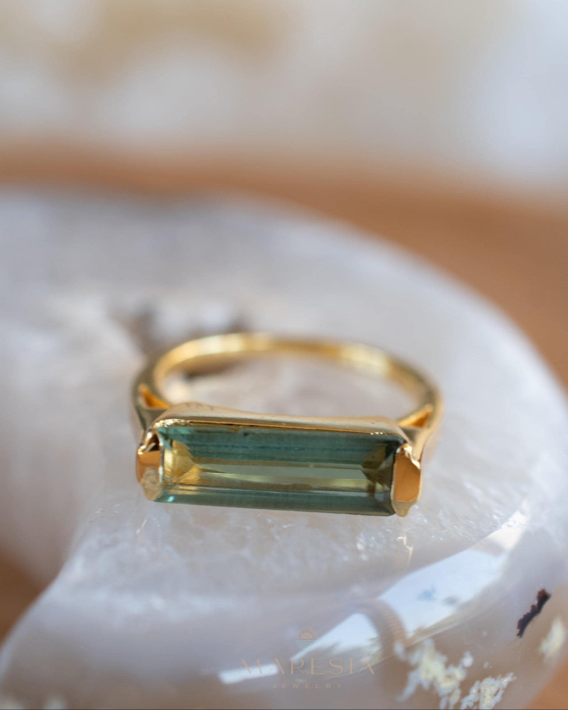 Green Amethyst Hydro Ring ~ Rectangular Stone ~ 18k Gold Plated ~ Jewelry ~ Handmade ~ Boho ~ MR343