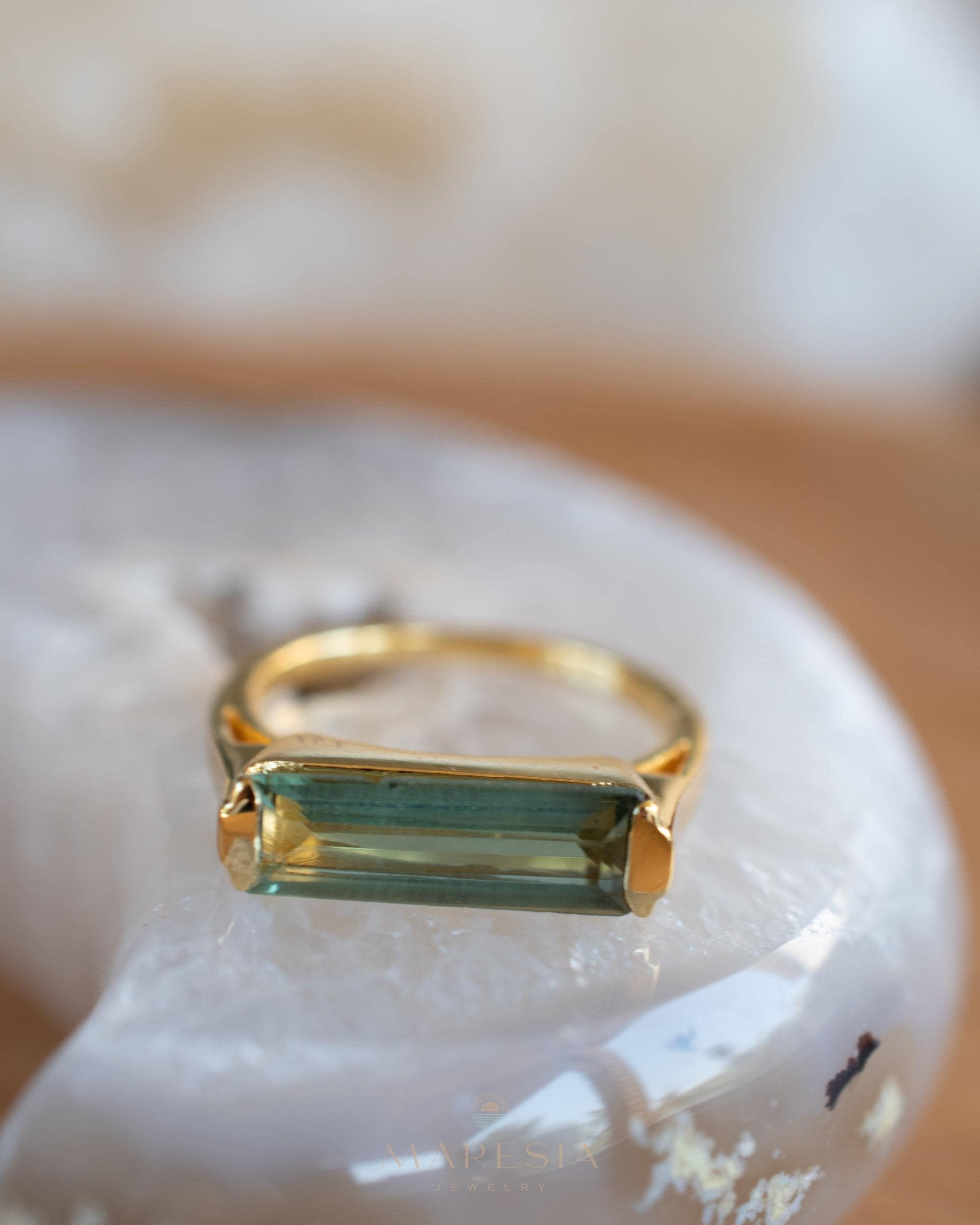 Green Amethyst Hydro Ring ~ Rectangular Stone ~ 18k Gold Plated ~ Jewelry ~ Handmade ~ Boho ~ MR343