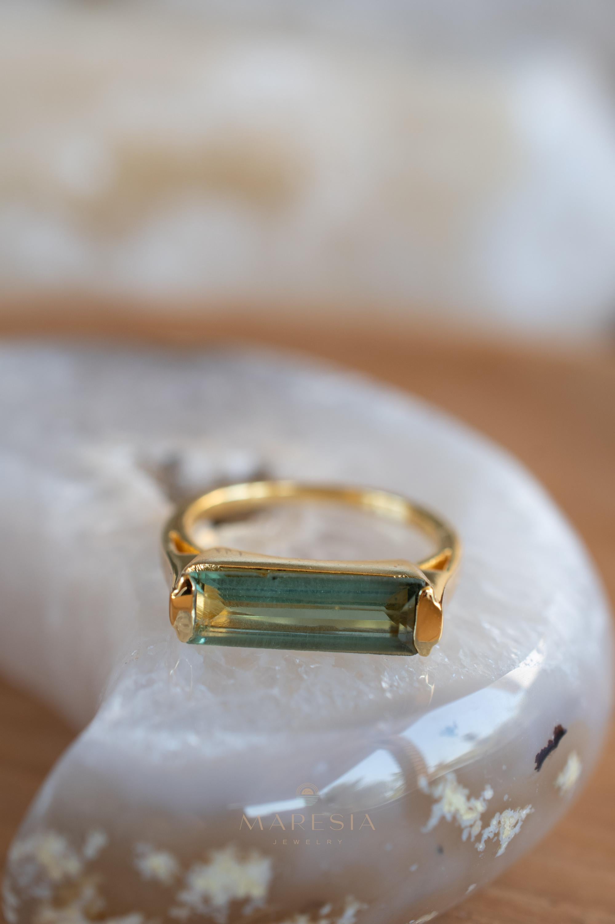 Green Amethyst Hydro Ring ~ Rectangular Stone ~ 18k Gold Plated ~ Jewelry ~ Handmade ~ Boho ~ MR343