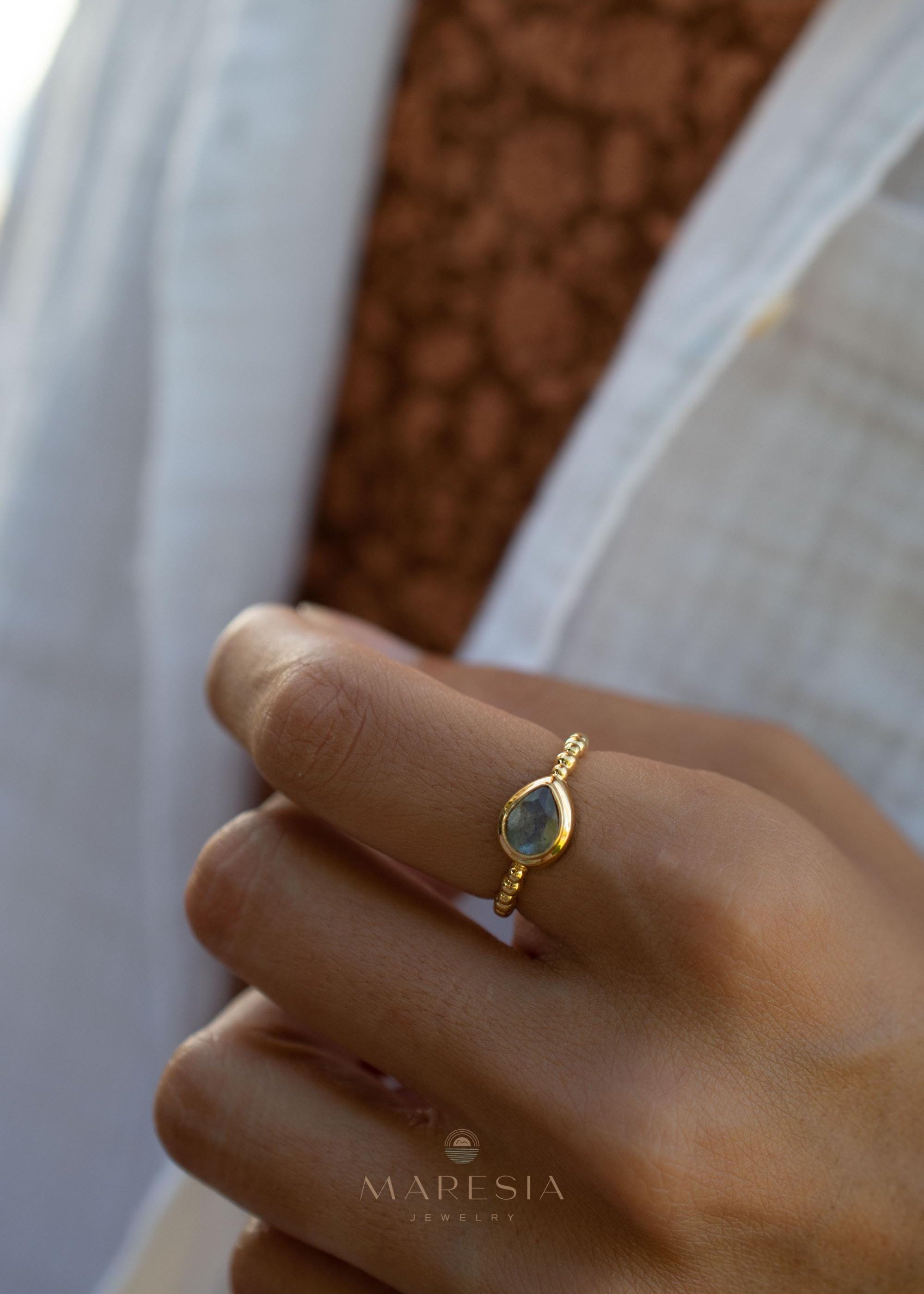 Rainbow Labradorite Tear Drop Ring ~ Gemstone ~ Natural ~ 18k Gold Plated over Sterling Silver ~Jewelry ~ Handmade~February Birthstone MR353