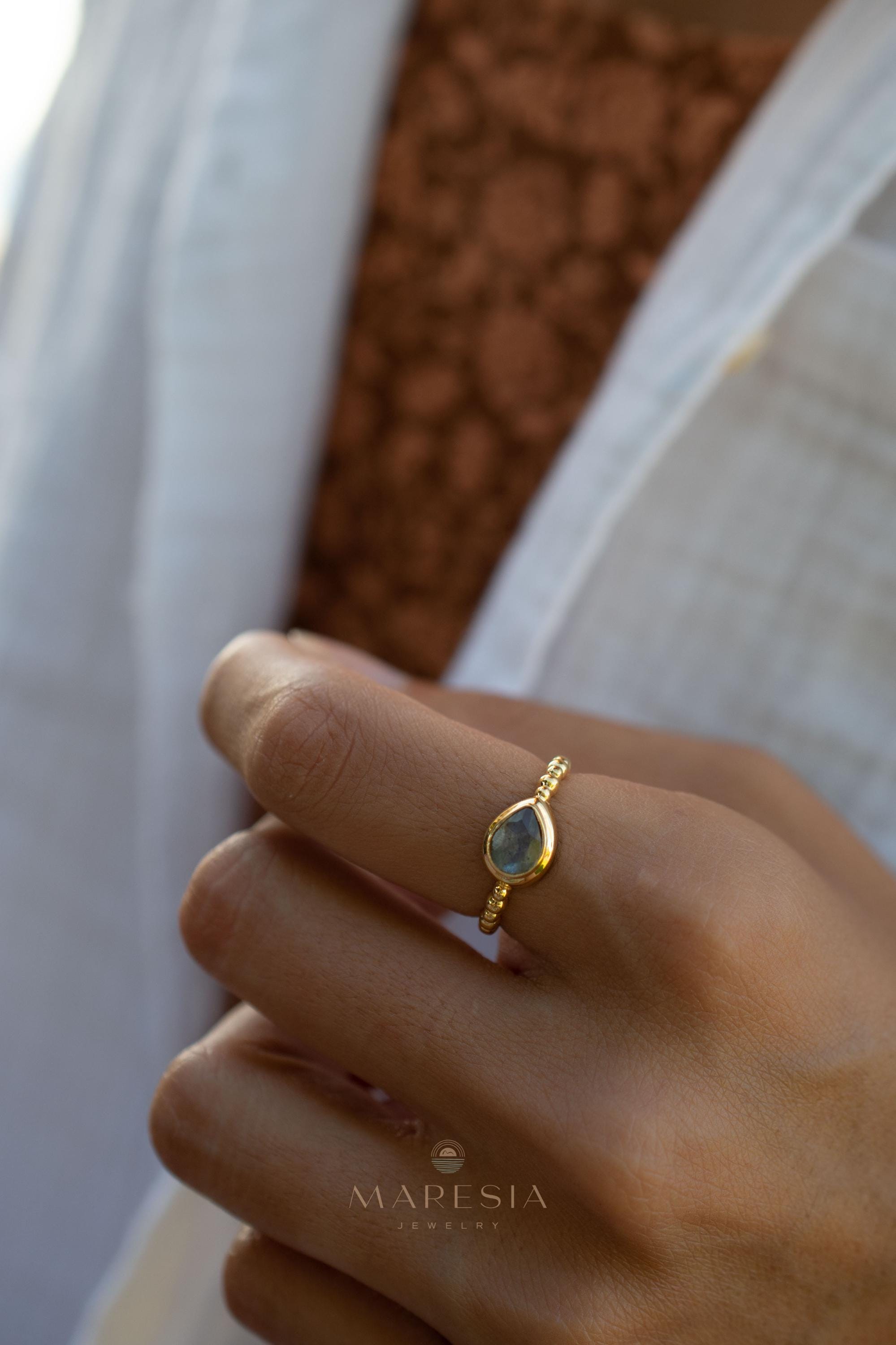 Rainbow Labradorite Tear Drop Ring ~ Gemstone ~ Natural ~ 18k Gold Plated over Sterling Silver ~Jewelry ~ Handmade~February Birthstone MR353