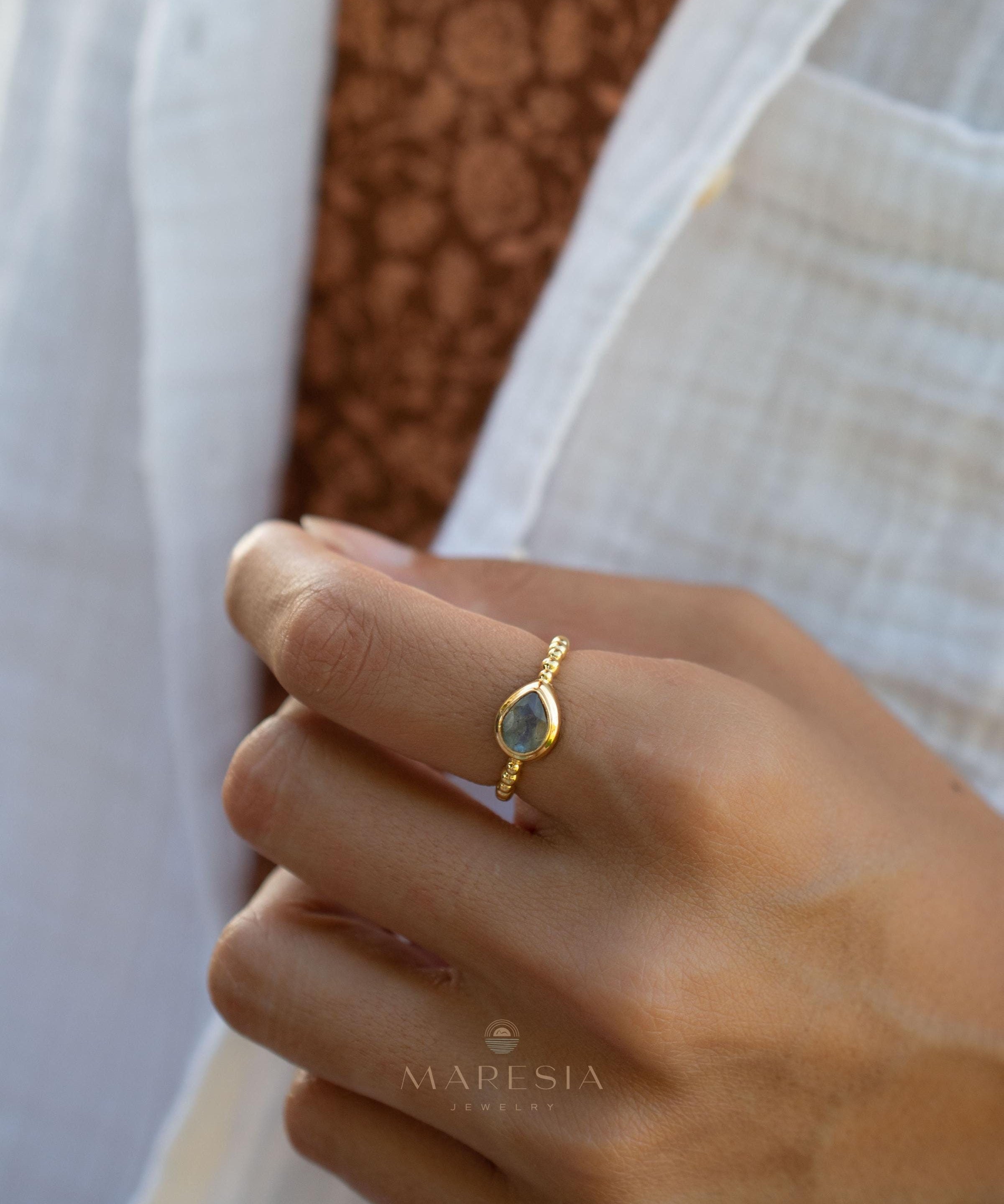 Rainbow Labradorite Tear Drop Ring ~ Gemstone ~ Natural ~ 18k Gold Plated over Sterling Silver ~Jewelry ~ Handmade~February Birthstone MR353