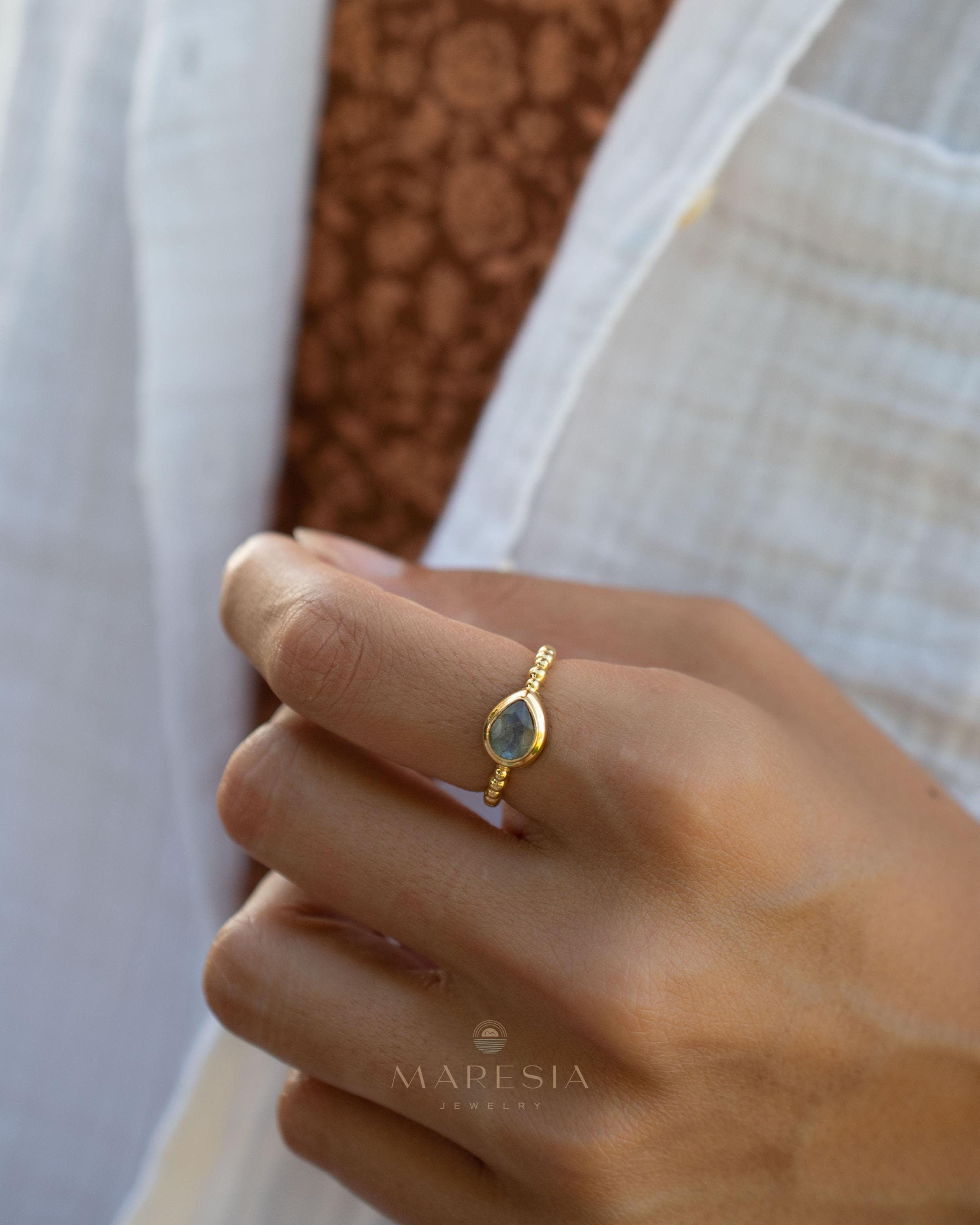 Rainbow Labradorite Tear Drop Ring ~ Gemstone ~ Natural ~ 18k Gold Plated over Sterling Silver ~Jewelry ~ Handmade~February Birthstone MR353