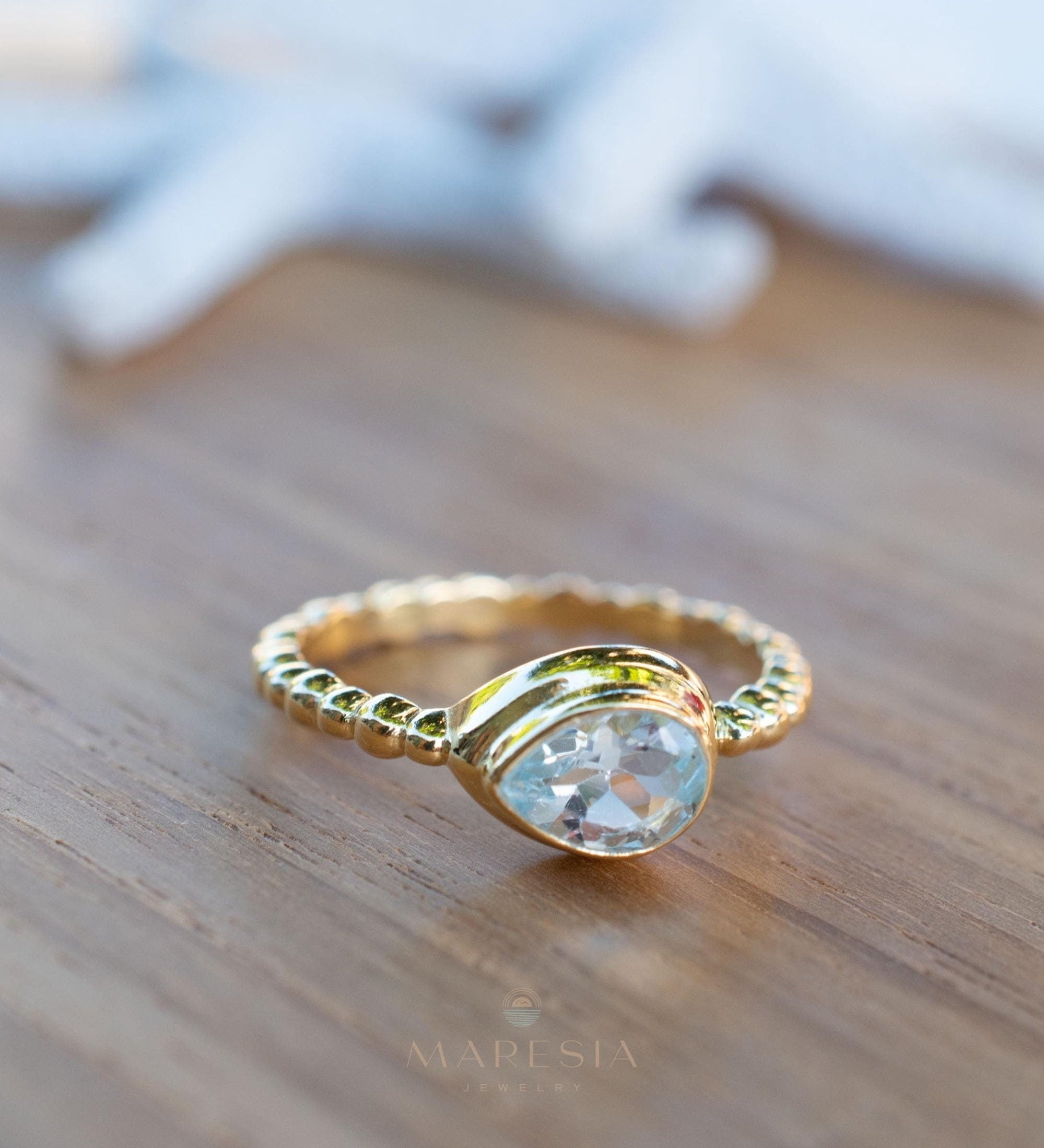 Blue Topaz Ring ~ Gold Plated over Sterling Silver 925 ~Jewelry ~ Handmade ~ Everyday ~ Delicate ~December Birthstone ~Bohemian ~MR354