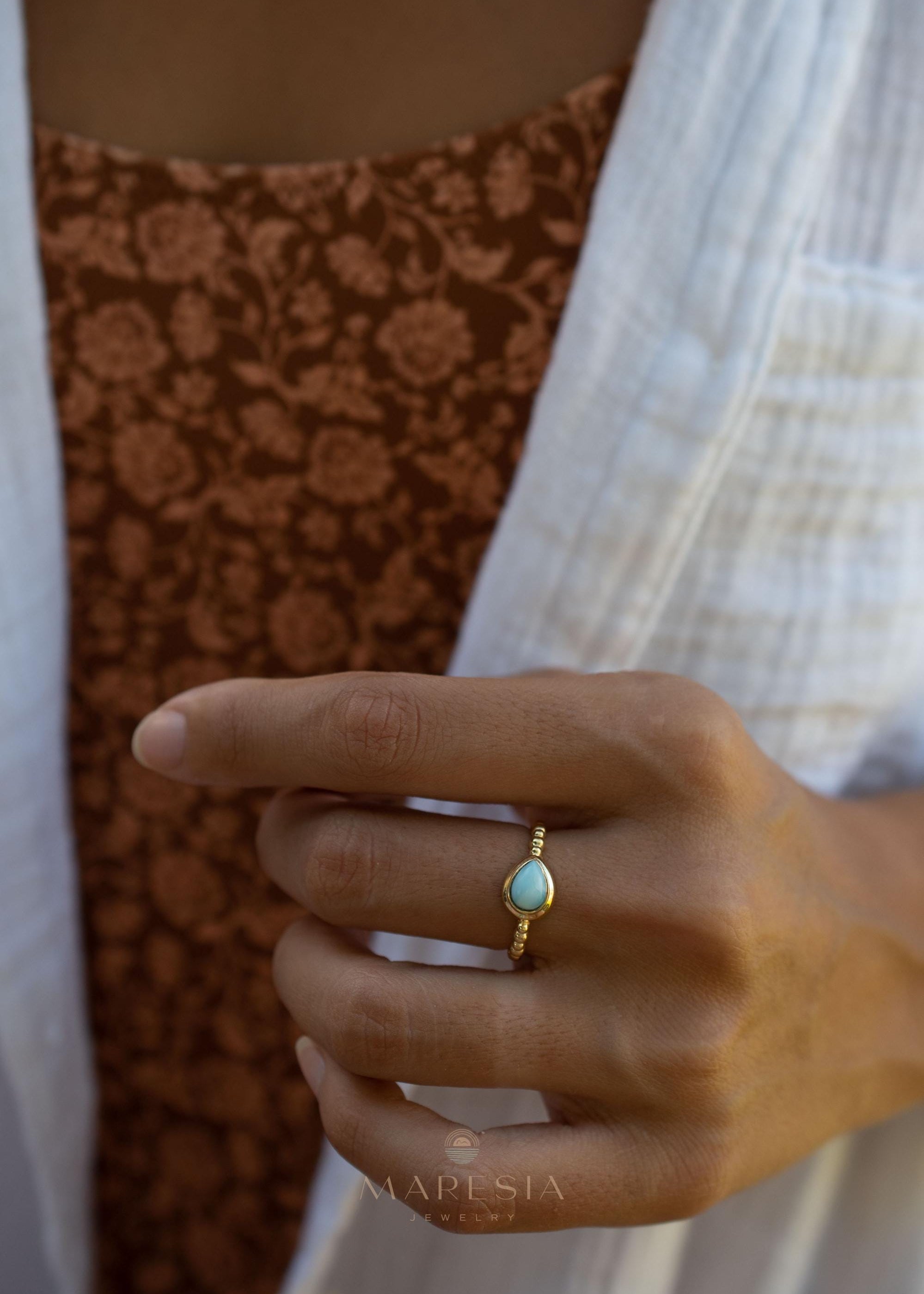 Larimar Ring ~ Statement ~ Gold Plated over Sterling Silver 925 ~ Gemstone ~ Semi Precious Stone ~ Blue ~ Natural ~ Organic~Thin Band~ MR355