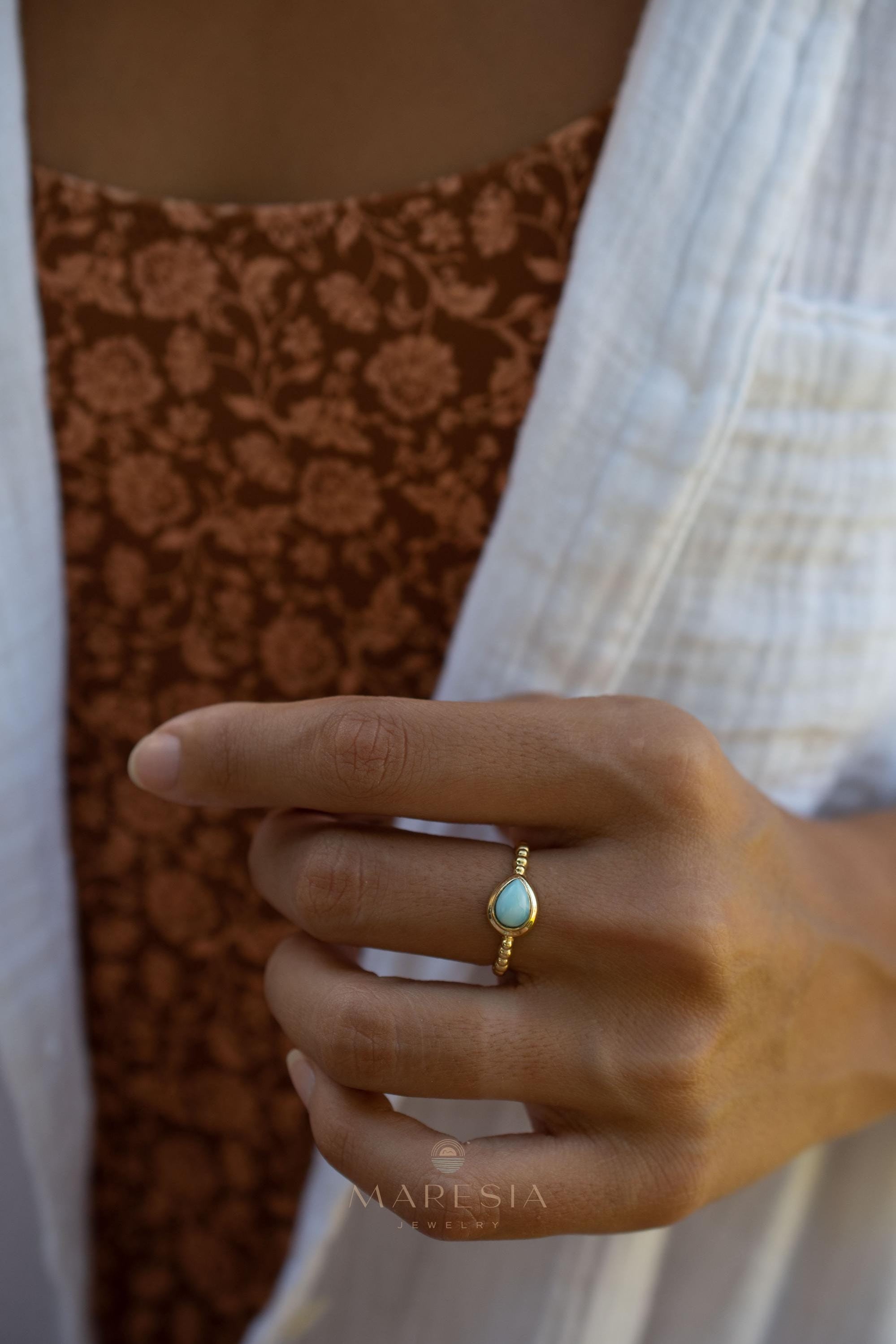 Larimar Ring ~ Statement ~ Gold Plated over Sterling Silver 925 ~ Gemstone ~ Semi Precious Stone ~ Blue ~ Natural ~ Organic~Thin Band~ MR355