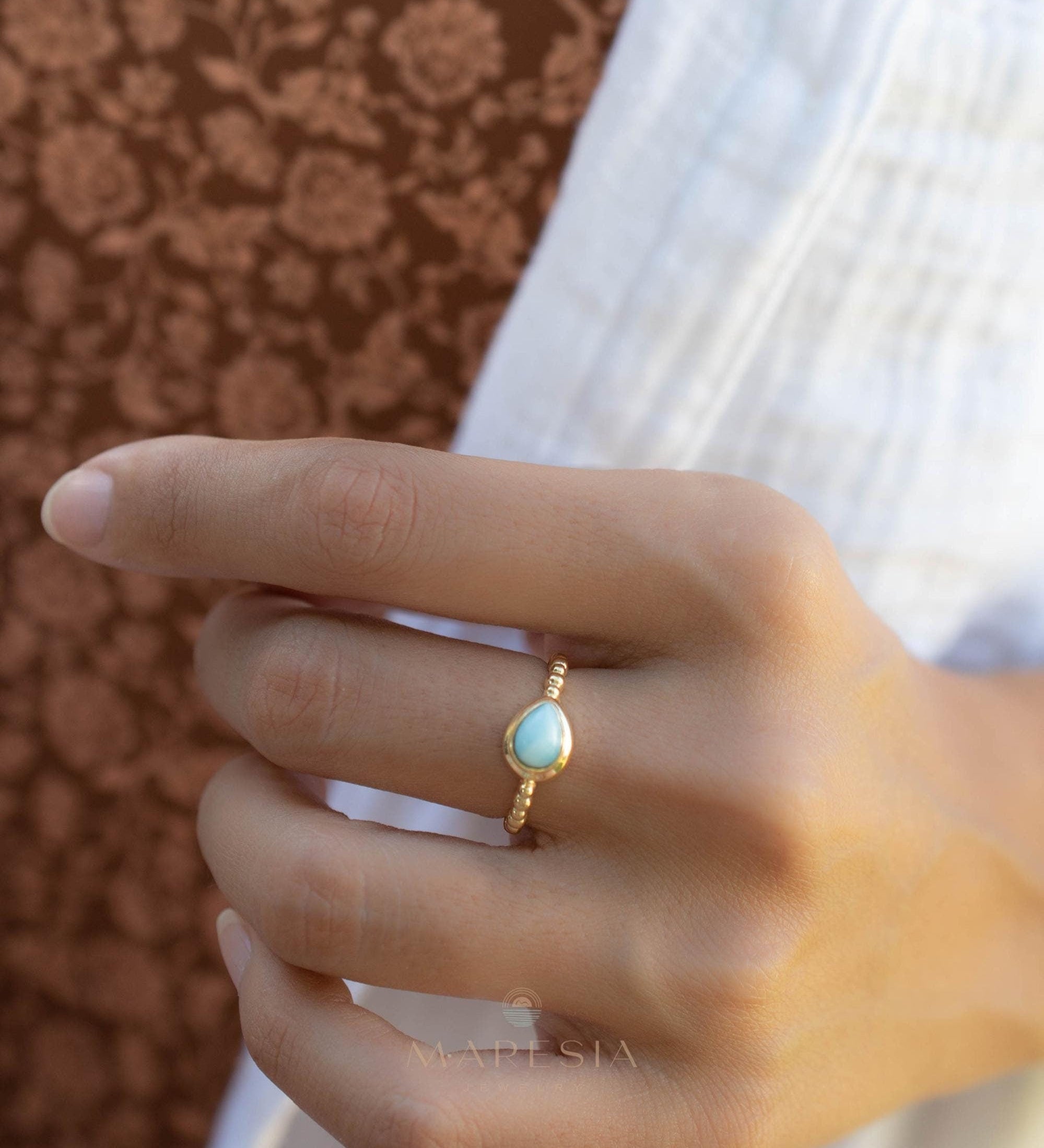 Larimar Ring ~ Statement ~ Gold Plated over Sterling Silver 925 ~ Gemstone ~ Semi Precious Stone ~ Blue ~ Natural ~ Organic~Thin Band~ MR355