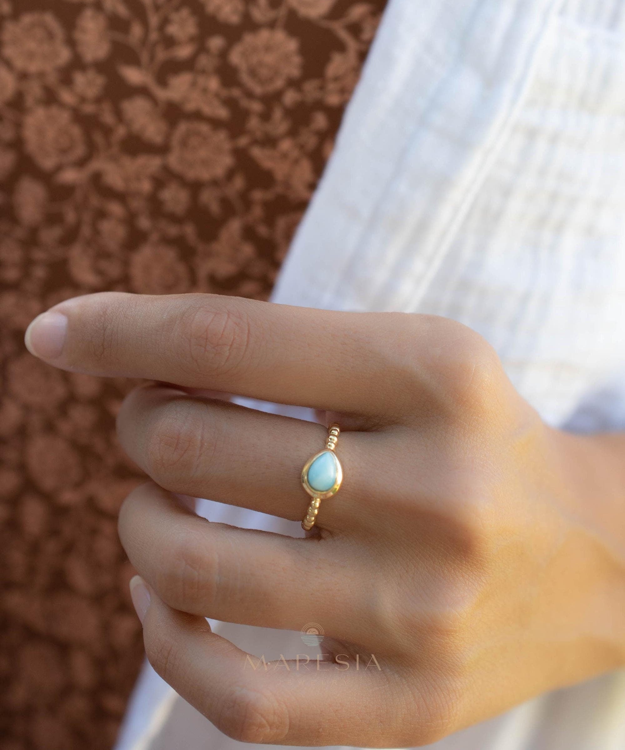Larimar Ring ~ Statement ~ Gold Plated over Sterling Silver 925 ~ Gemstone ~ Semi Precious Stone ~ Blue ~ Natural ~ Organic~Thin Band~ MR355