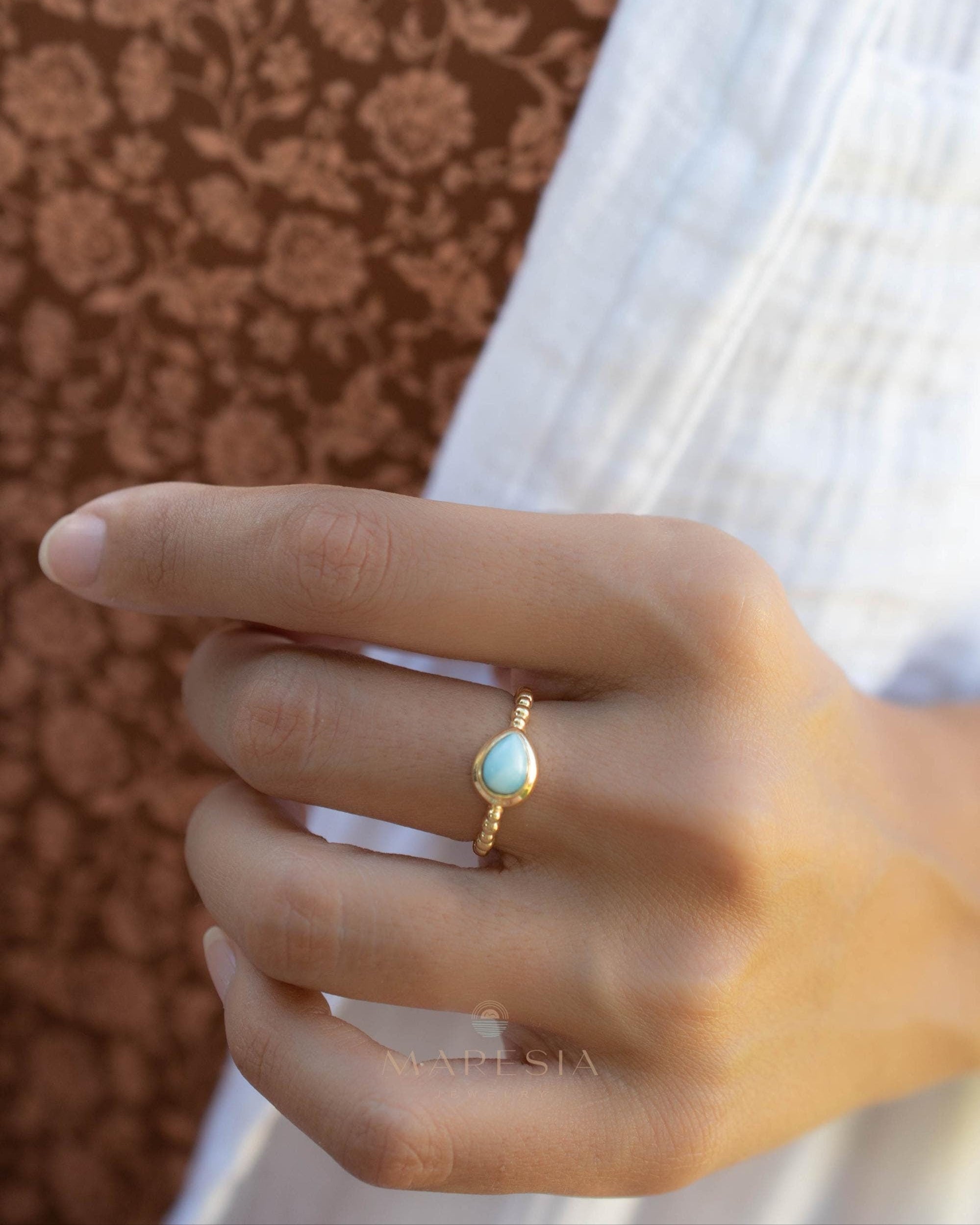 Larimar Ring ~ Statement ~ Gold Plated over Sterling Silver 925 ~ Gemstone ~ Semi Precious Stone ~ Blue ~ Natural ~ Organic~Thin Band~ MR355