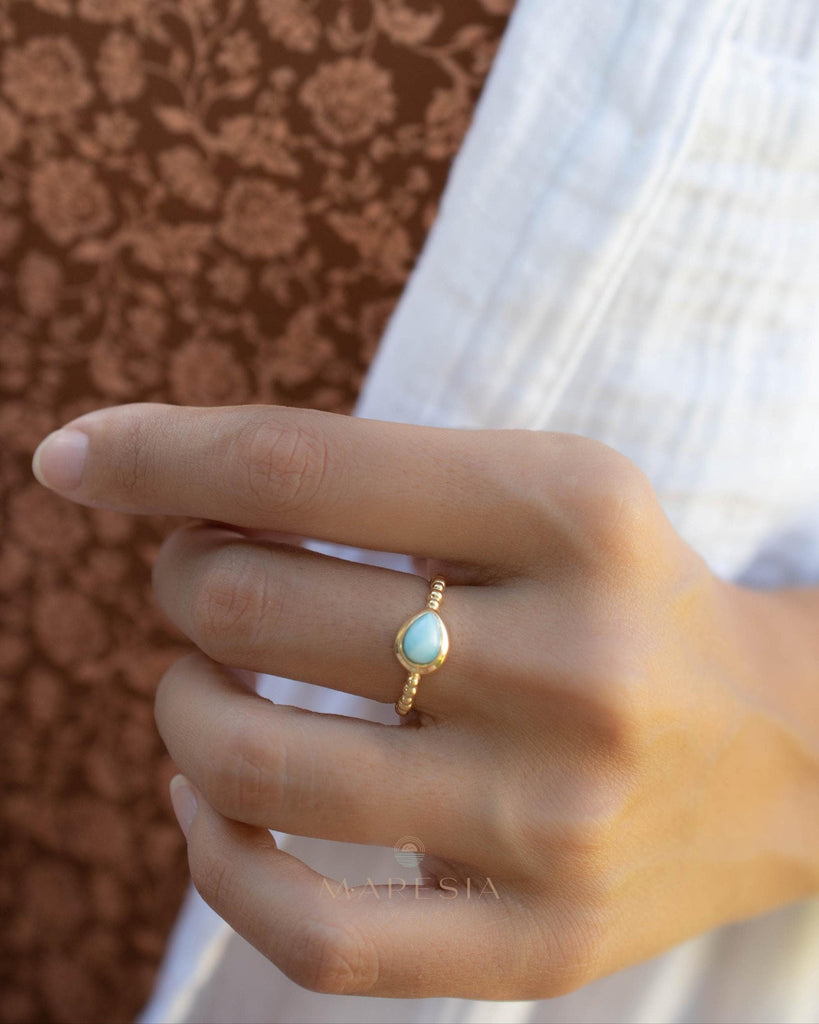 Larimar Ring ~ Statement ~ Gold Plated over Sterling Silver 925 ~ Gemstone ~ Semi Precious Stone ~ Blue ~ Natural ~ Organic~Thin Band~ MR355