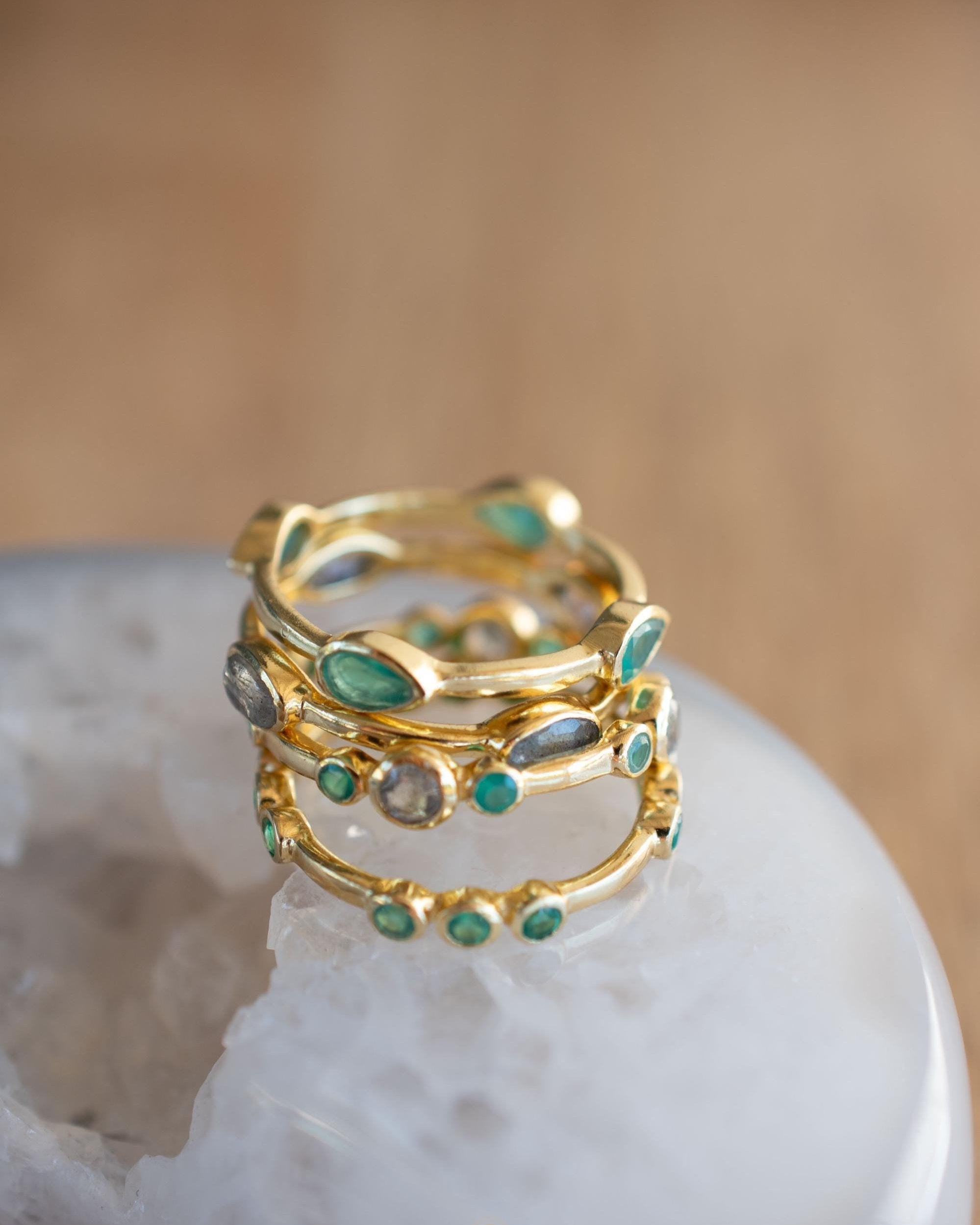 Green Onyx & Labradorite Ring~ Gemstone ~ Stackable~ Natural ~ 18k Gold Plated ~ Jewelry ~ Handmade~MR341