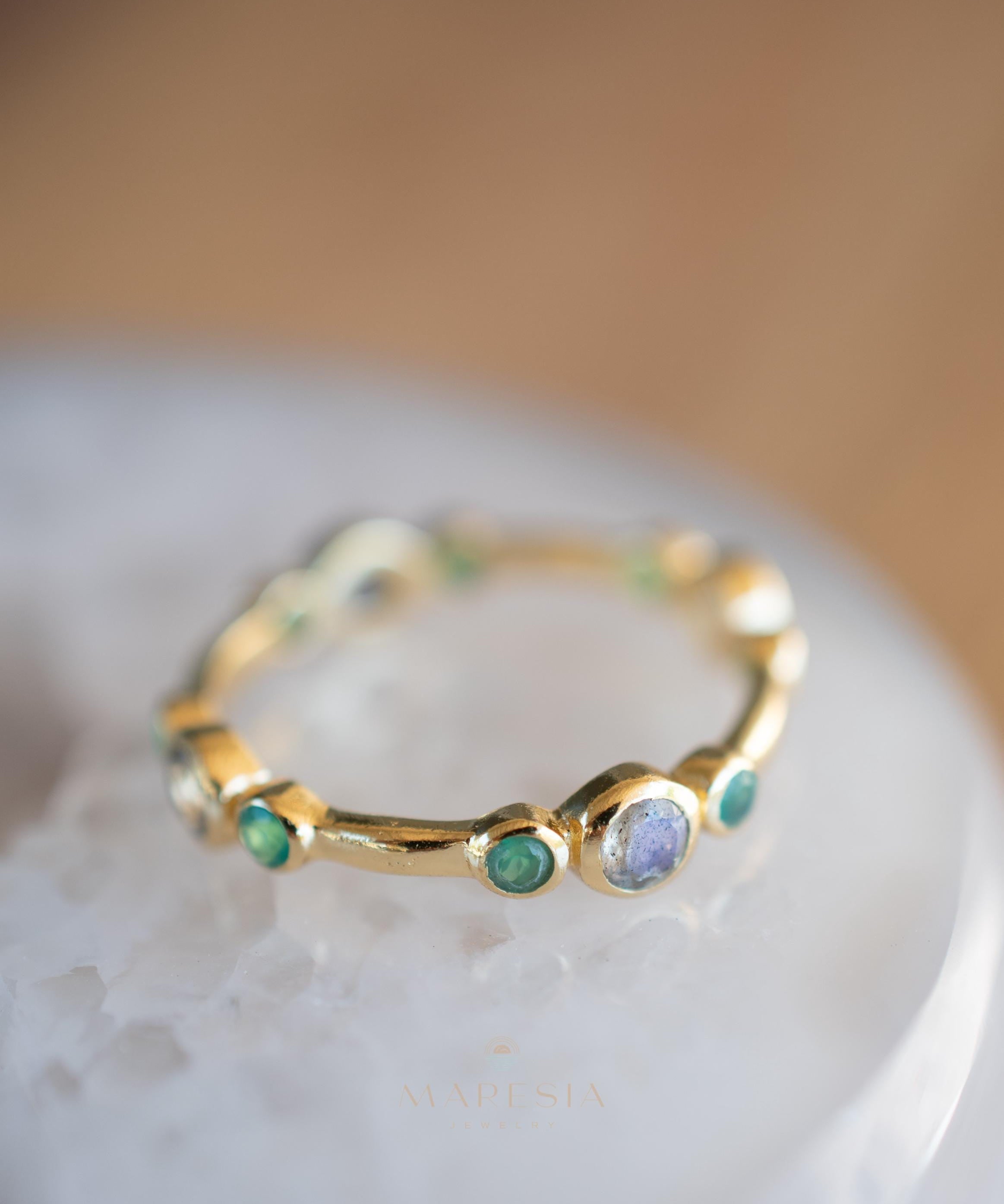 Green Onyx & Labradorite Ring~ Gemstone ~ Stackable~ Natural ~ 18k Gold Plated ~ Jewelry ~ Handmade~MR341
