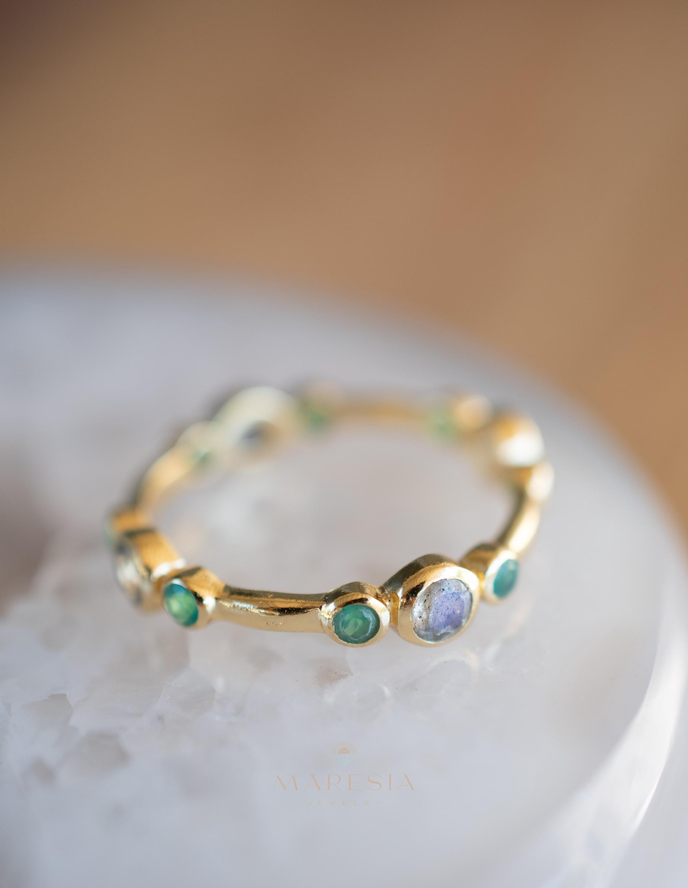 Green Onyx & Labradorite Ring~ Gemstone ~ Stackable~ Natural ~ 18k Gold Plated ~ Jewelry ~ Handmade~MR341