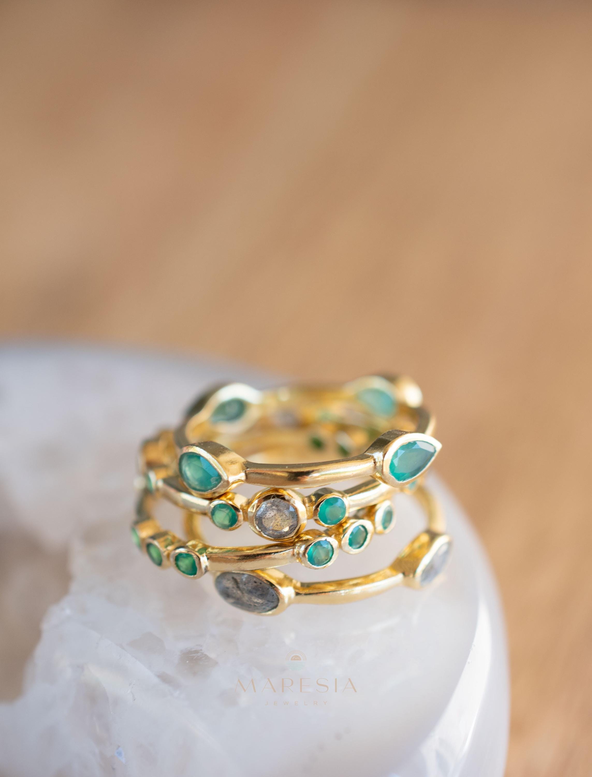 Green Onyx & Labradorite Ring~ Gemstone ~ Stackable~ Natural ~ 18k Gold Plated ~ Jewelry ~ Handmade~MR341