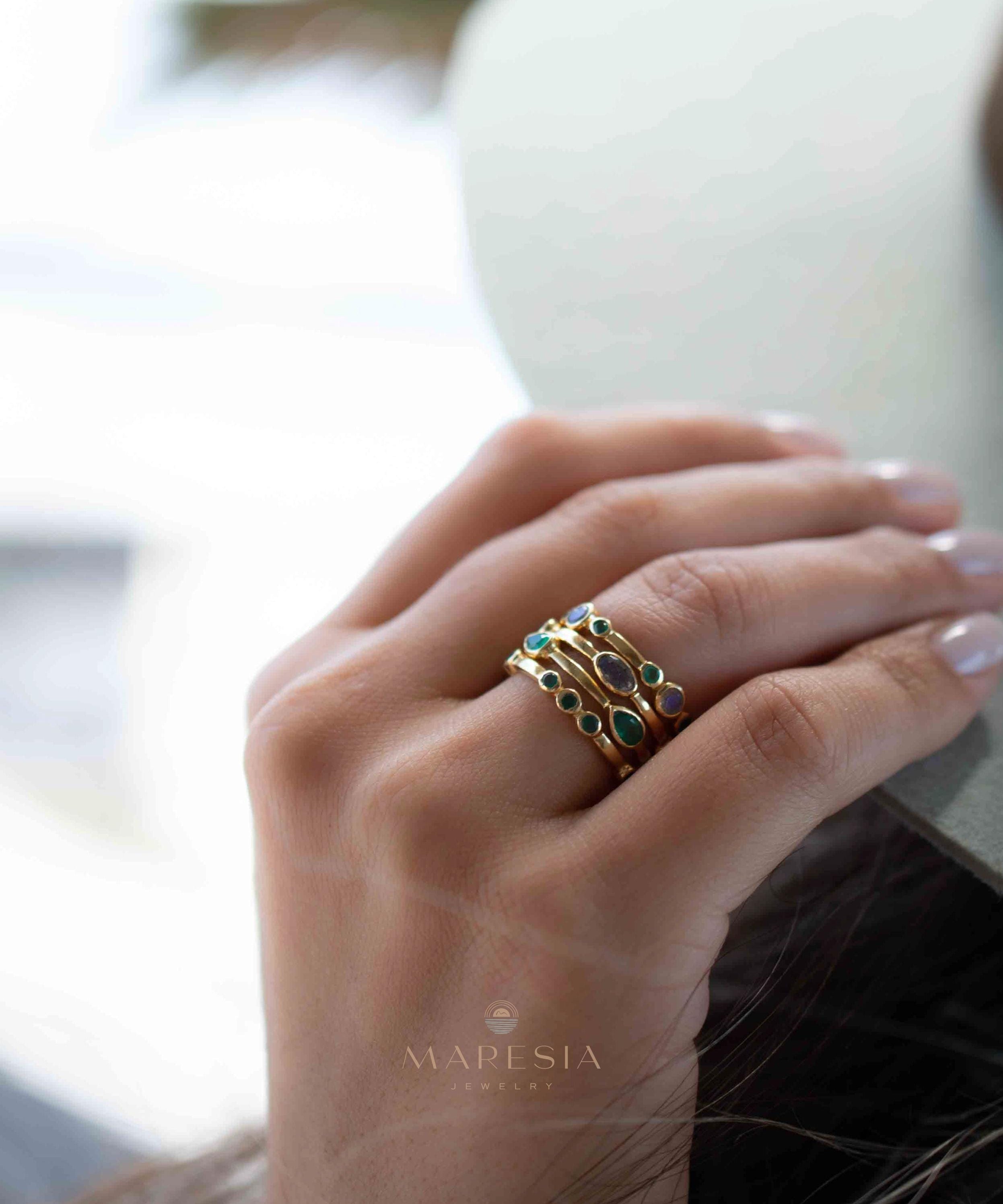 Green Onyx & Labradorite Ring~ Gemstone ~ Stackable~ Natural ~ 18k Gold Plated ~ Jewelry ~ Handmade~MR341