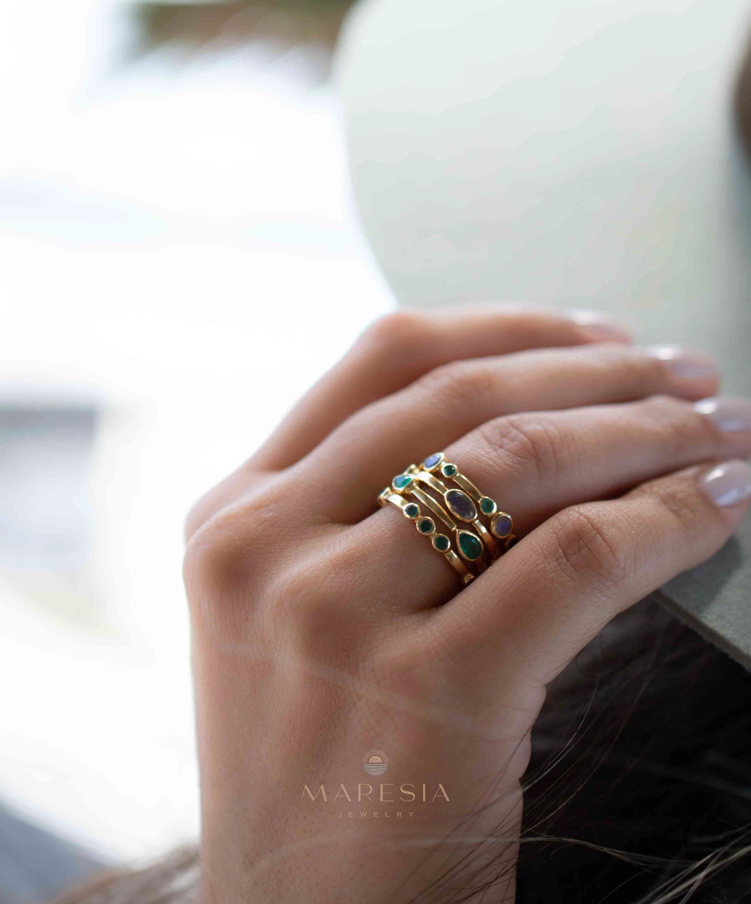 Green Onyx & Labradorite Ring~ Gemstone ~ Stackable~ Natural ~ 18k Gold Plated ~ Jewelry ~ Handmade~MR341