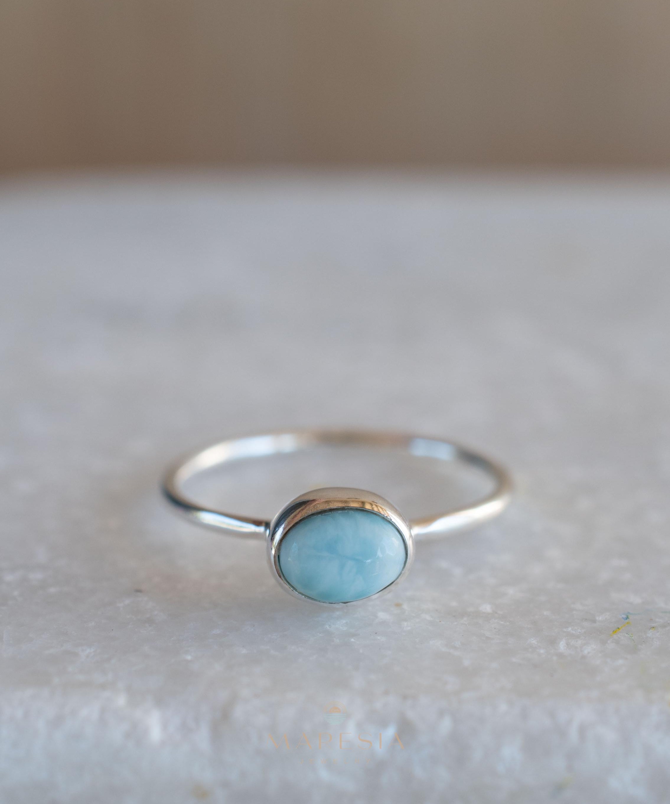 Larimar Ring ~ Statement ~ Gemstone ~ Semi Precious Stone ~ Blue ~ White ~ Natural ~ Organic ~ Sterling Silver 925~Tear Drop~Thin Band~MR350