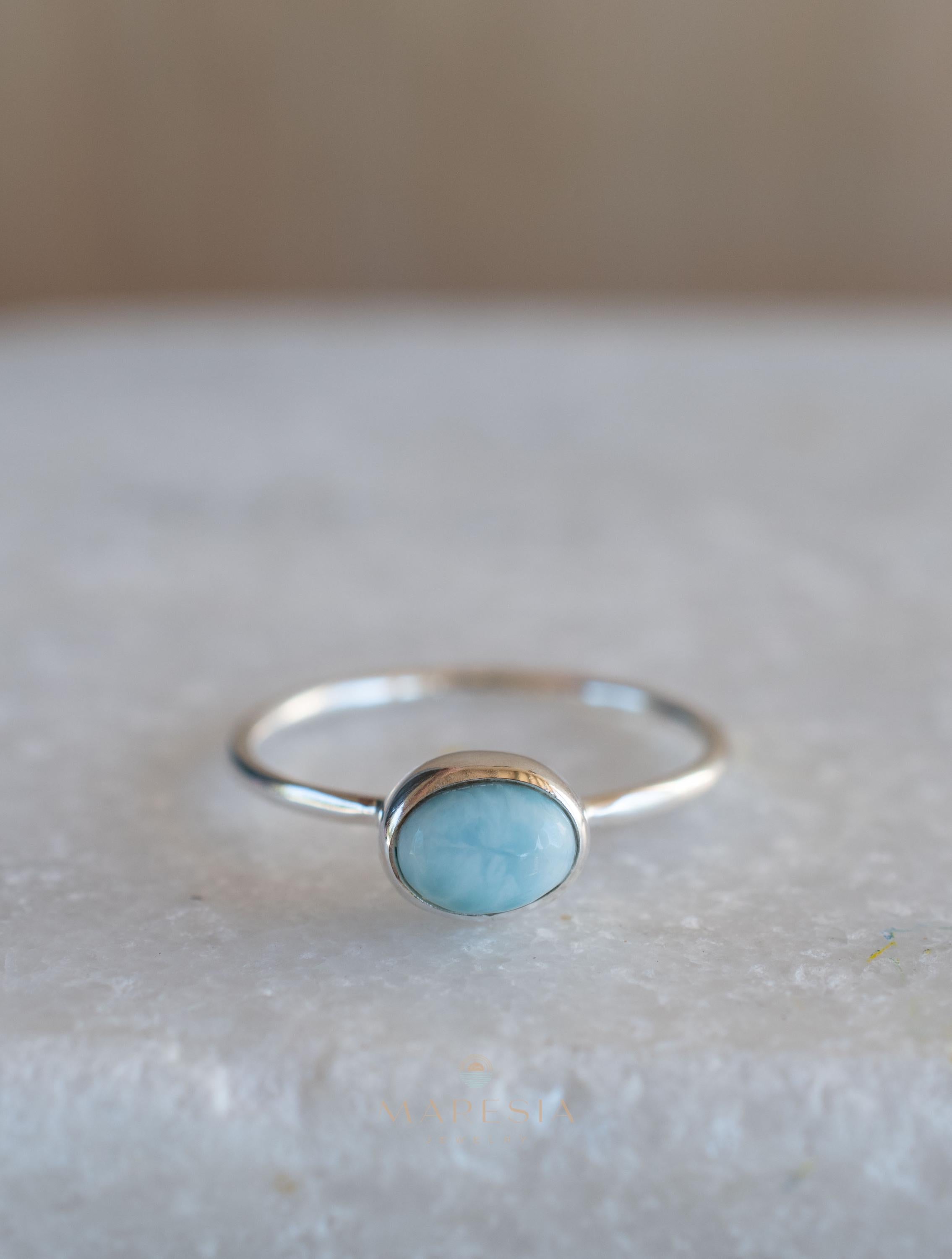 Larimar Ring ~ Statement ~ Gemstone ~ Semi Precious Stone ~ Blue ~ White ~ Natural ~ Organic ~ Sterling Silver 925~Tear Drop~Thin Band~MR350