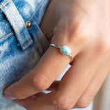 Larimar Ring ~ Statement ~ Gemstone ~ Semi Precious Stone ~ Blue ~ White ~ Natural ~ Organic ~ Sterling Silver 925~Tear Drop~Thin Band~MR350