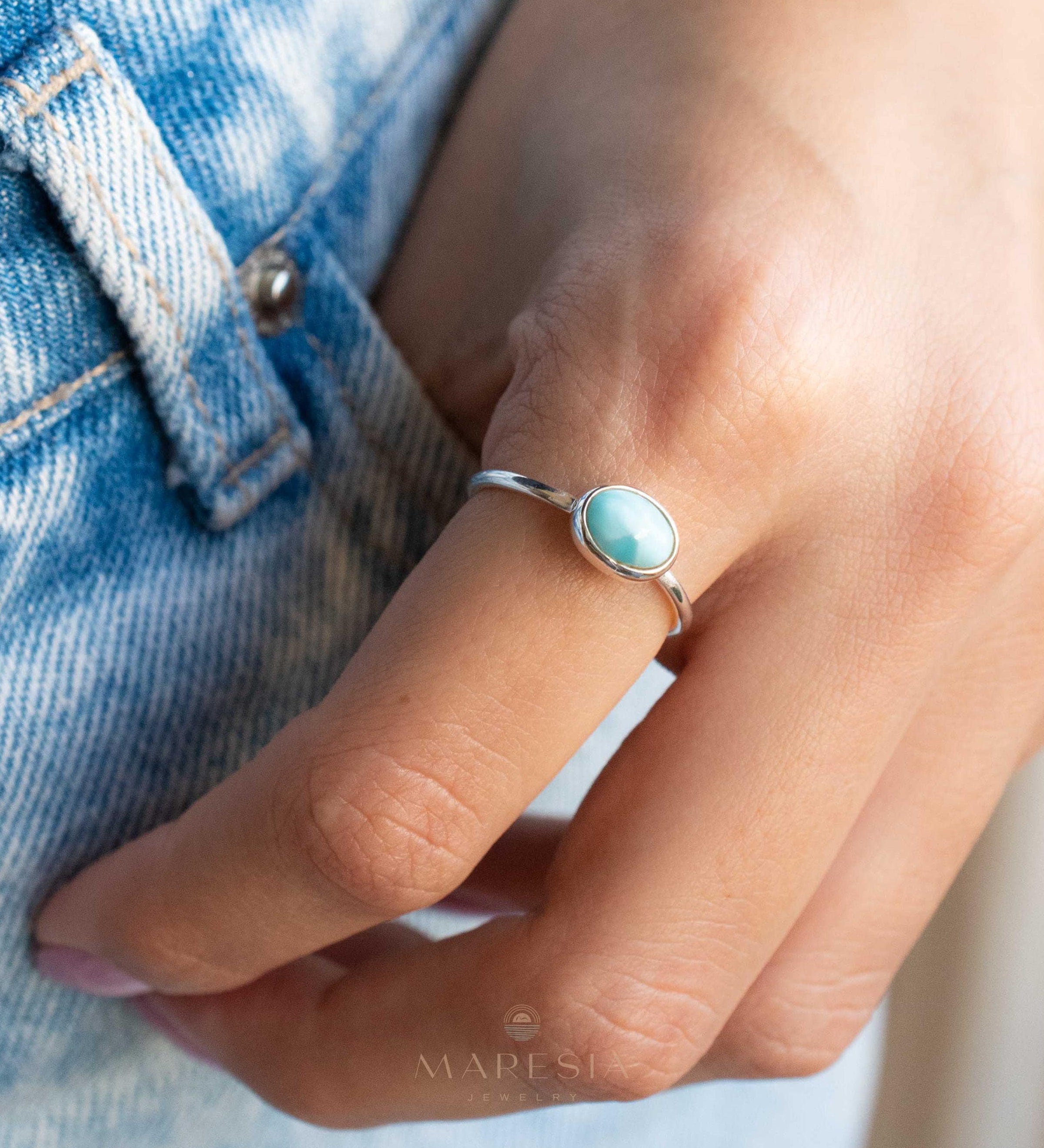 Larimar Ring ~ Statement ~ Gemstone ~ Semi Precious Stone ~ Blue ~ White ~ Natural ~ Organic ~ Sterling Silver 925~Tear Drop~Thin Band~MR350