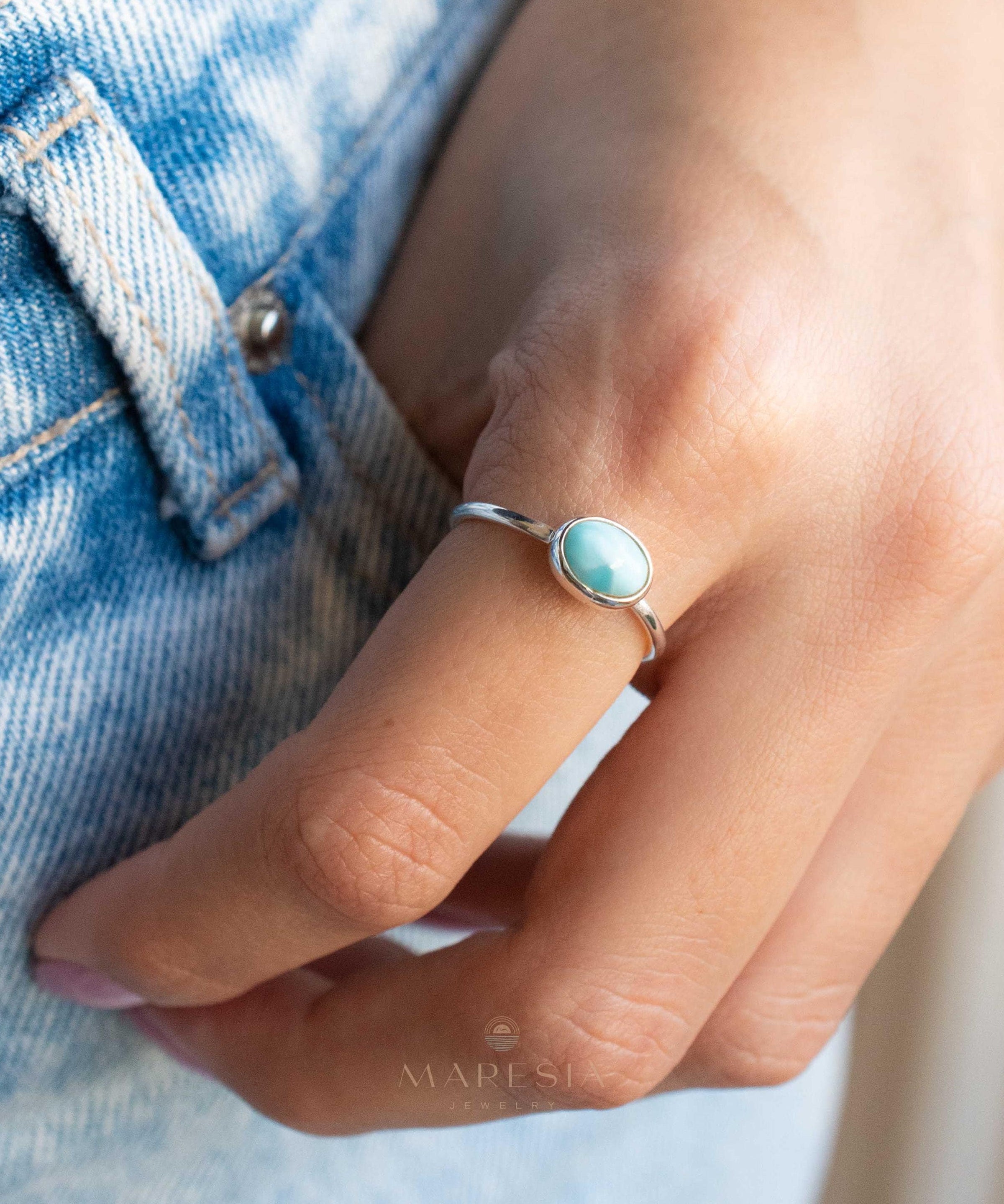 Larimar Ring ~ Statement ~ Gemstone ~ Semi Precious Stone ~ Blue ~ White ~ Natural ~ Organic ~ Sterling Silver 925~Tear Drop~Thin Band~MR350
